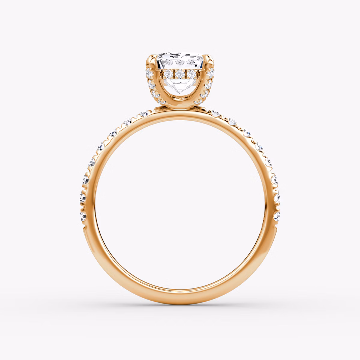 The Classic Hidden Halo | Emerald | 14k | Rose Gold | bandAccent: Pavé | bandWidth: large | prongStyle: Pavé | diamondOrientation: vertical | caratWeight: other