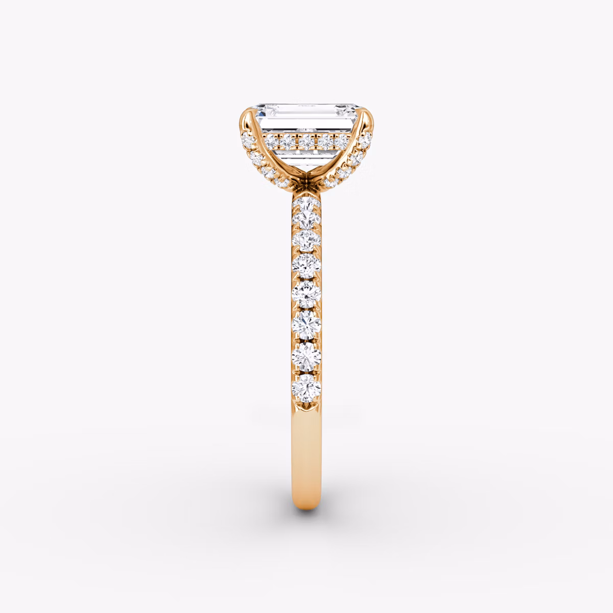 The Classic Hidden Halo | Emerald | 14k | Rose Gold | bandAccent: Pavé | bandWidth: large | prongStyle: Pavé | diamondOrientation: vertical | caratWeight: other