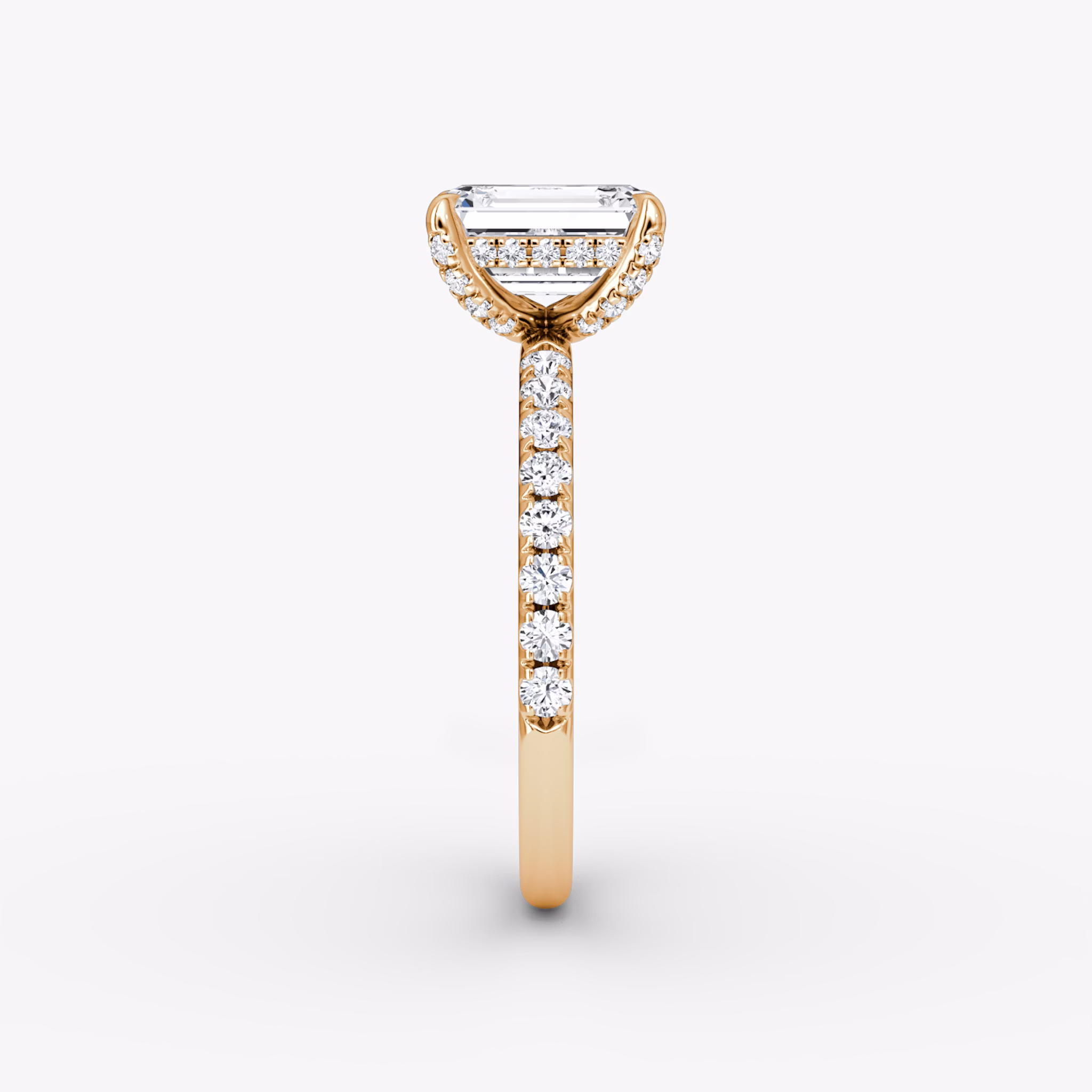 The Classic Hidden Halo | Emerald | 14k | Rose Gold | bandAccent: Pavé | bandWidth: large | prongStyle: Pavé | diamondOrientation: vertical | caratWeight: other