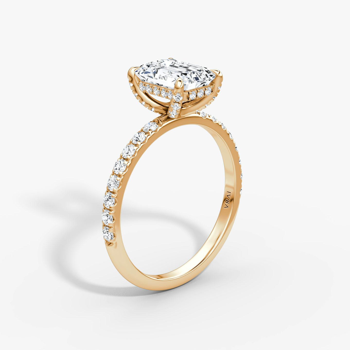 The Classic Hidden Halo | Emerald | 14k | Rose Gold | bandAccent: Pavé | bandWidth: large | prongStyle: Pavé | diamondOrientation: vertical | caratWeight: other