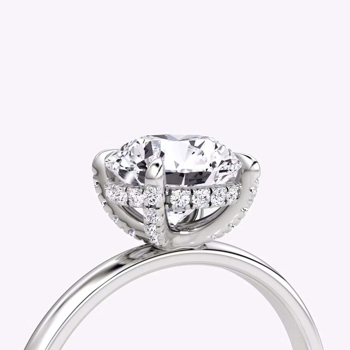 The Classic Hidden Halo | Round Brilliant | Platinum | bandAccent: Plain | bandWidth: large | caratWeight: 2.0ct | prongStyle: Pavé | diamondOrientation: vertical