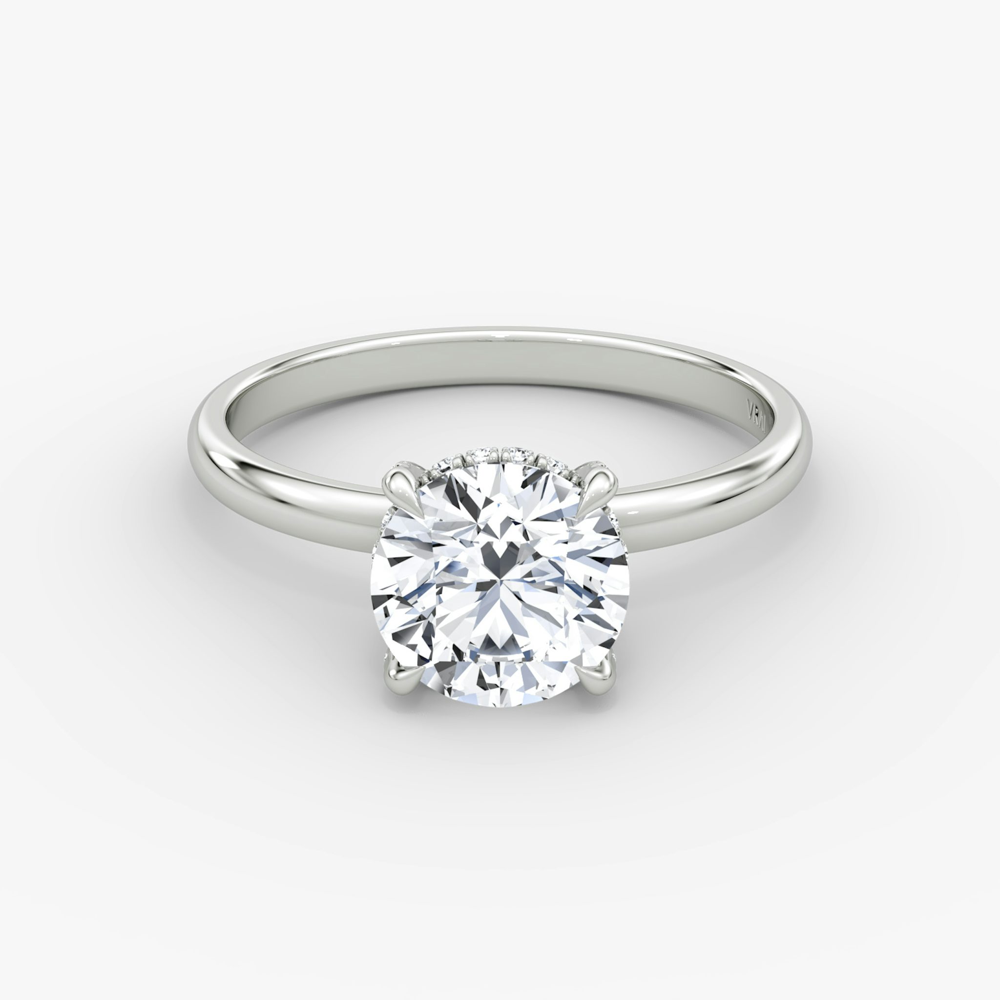 The Classic Hidden Halo | Round Brilliant | Platinum | bandAccent: Plain | bandWidth: large | caratWeight: 1.0ct | prongStyle: Pavé | diamondOrientation: vertical