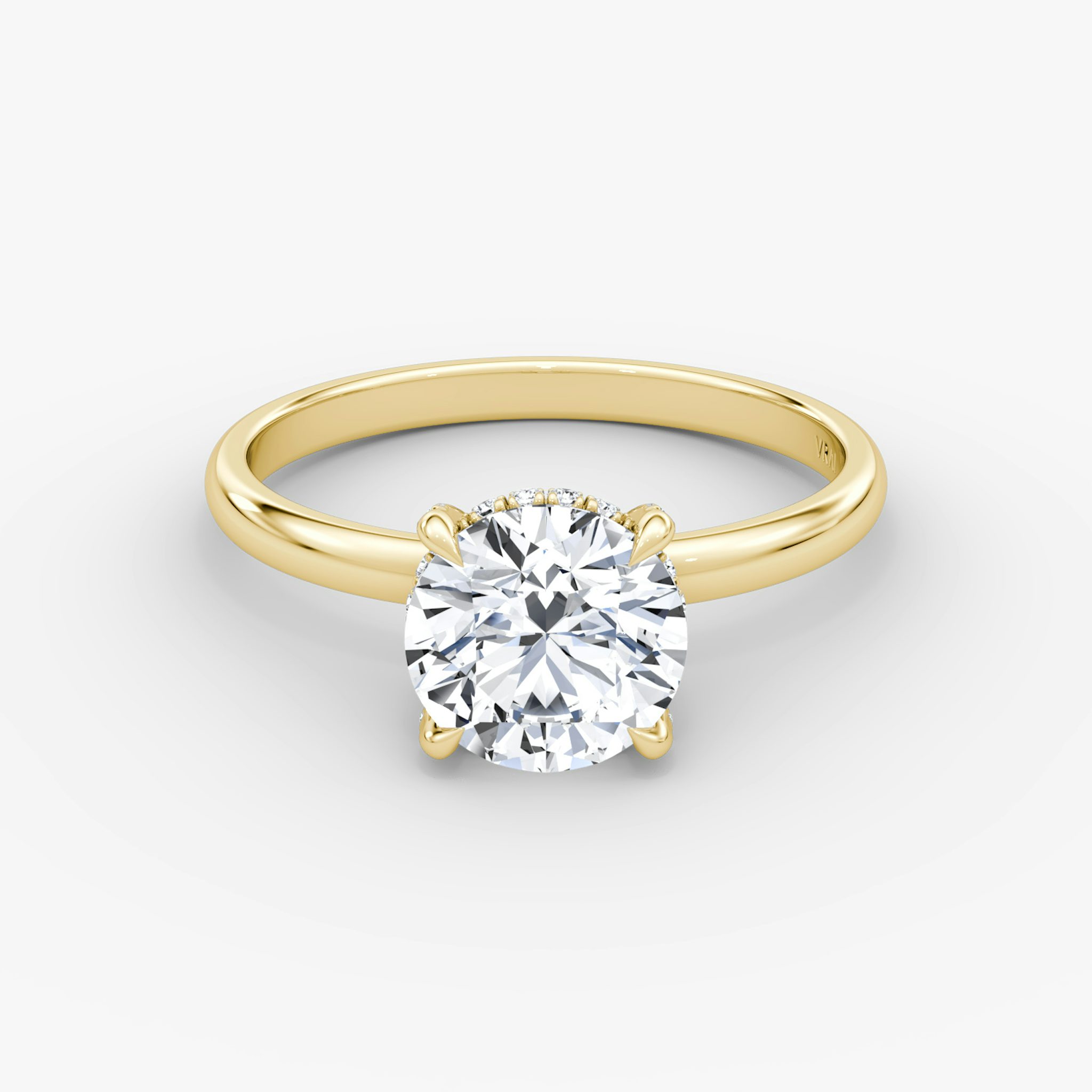 The Classic Hidden Halo | Round Brilliant | 18k | Yellow Gold | bandAccent: Plain | bandWidth: large | caratWeight: other | prongStyle: Pavé | diamondOrientation: vertical