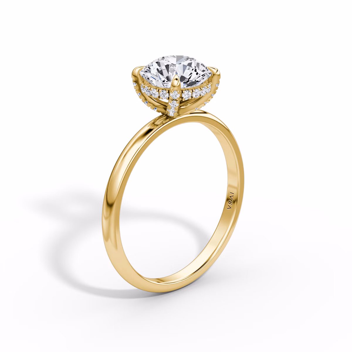 The Classic Hidden Halo | Round Brilliant | 18k | Yellow Gold | bandAccent: Plain | bandWidth: large | caratWeight: 2.0ct | prongStyle: Pavé | diamondOrientation: vertical