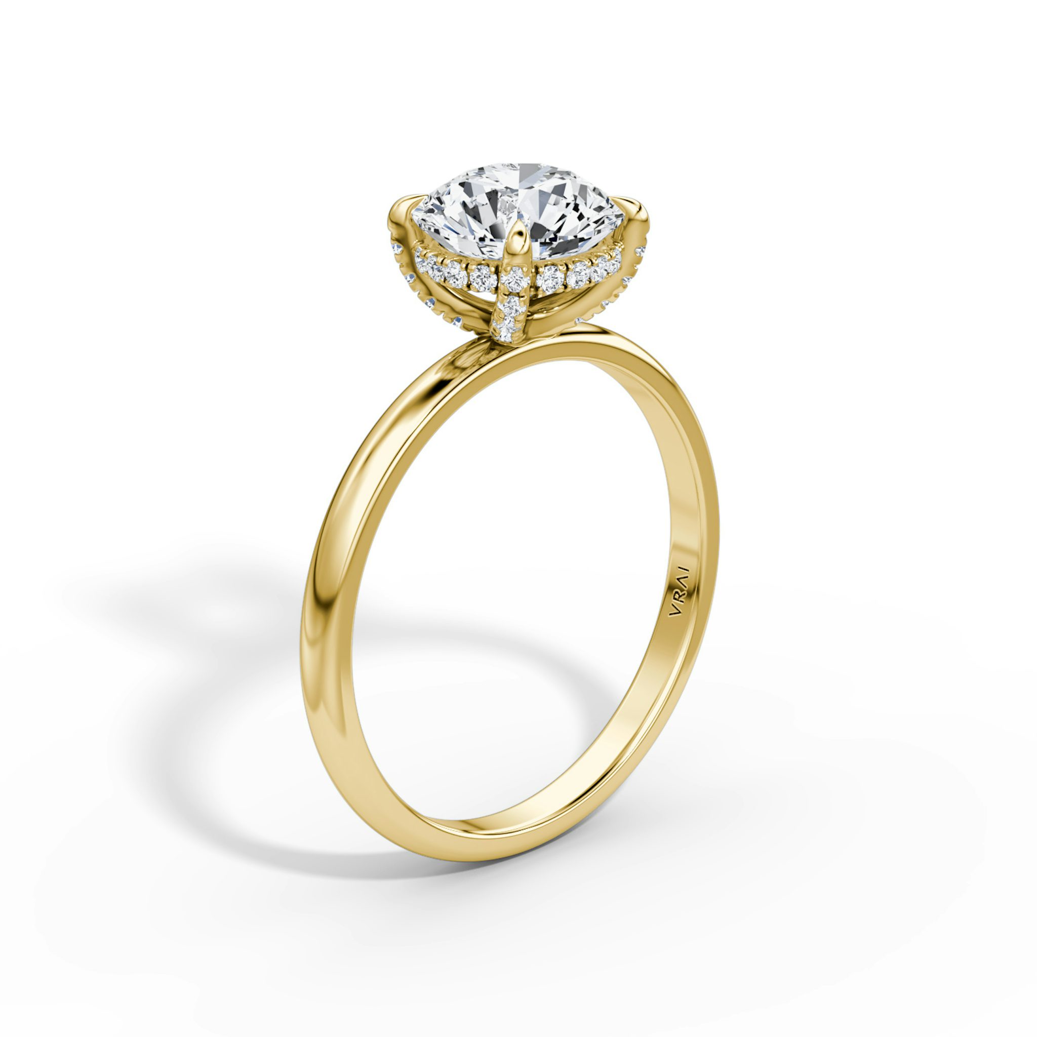The Classic Hidden Halo | Round Brilliant | 18k | Yellow Gold | bandAccent: Plain | bandWidth: large | caratWeight: other | prongStyle: Pavé | diamondOrientation: vertical