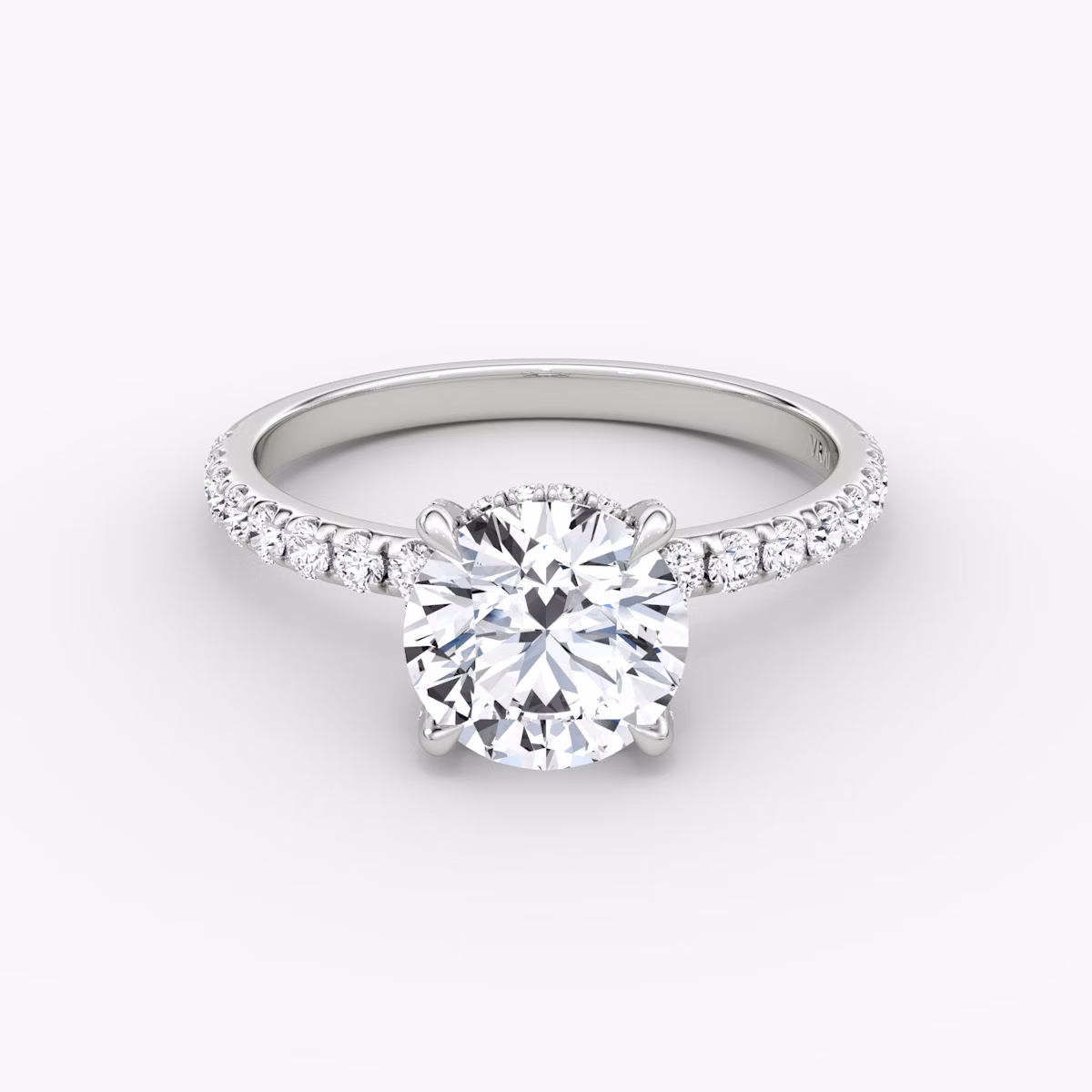 The Classic Hidden Halo | Round Brilliant | 18k | White Gold | bandAccent: Pavé | bandWidth: large | caratWeight: 2.0ct | prongStyle: Pavé | diamondOrientation: vertical