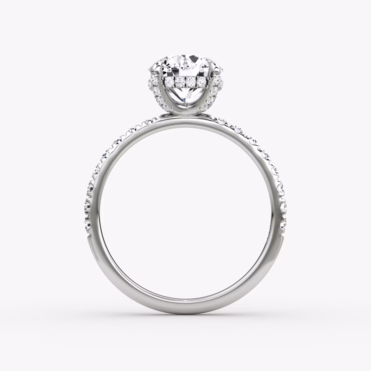 The Classic Hidden Halo | Round Brilliant | 18k | White Gold | bandAccent: Pavé | bandWidth: large | caratWeight: 2.0ct | prongStyle: Pavé | diamondOrientation: vertical