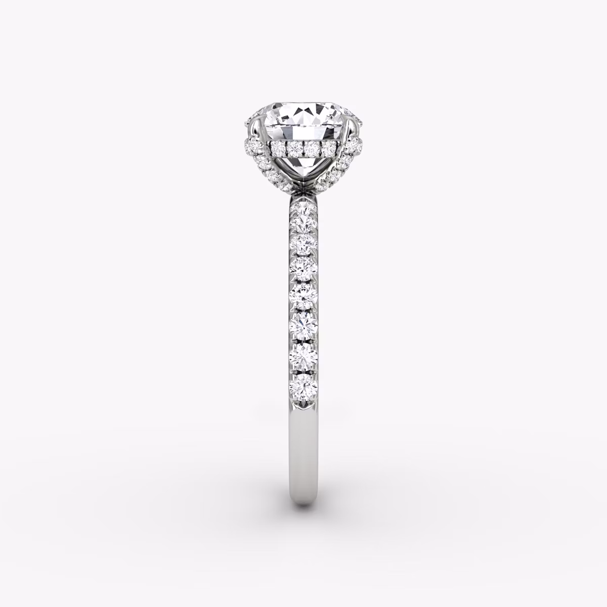 The Classic Hidden Halo | Round Brilliant | 18k | White Gold | bandAccent: Pavé | bandWidth: large | caratWeight: 2.0ct | prongStyle: Pavé | diamondOrientation: vertical