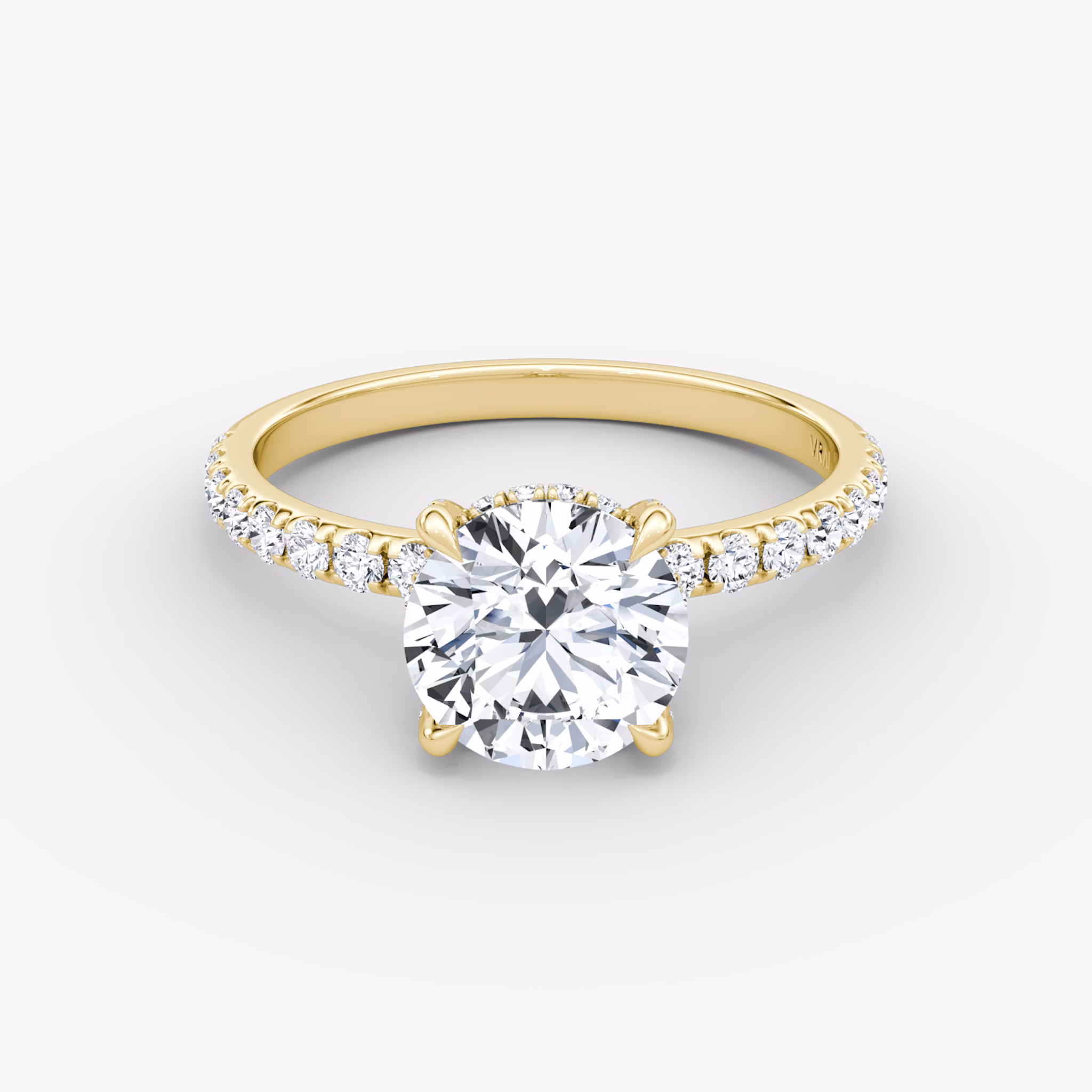 The Classic Hidden Halo | Round Brilliant | 18k | Yellow Gold | bandAccent: Pavé | bandWidth: large | caratWeight: other | prongStyle: Pavé | diamondOrientation: vertical