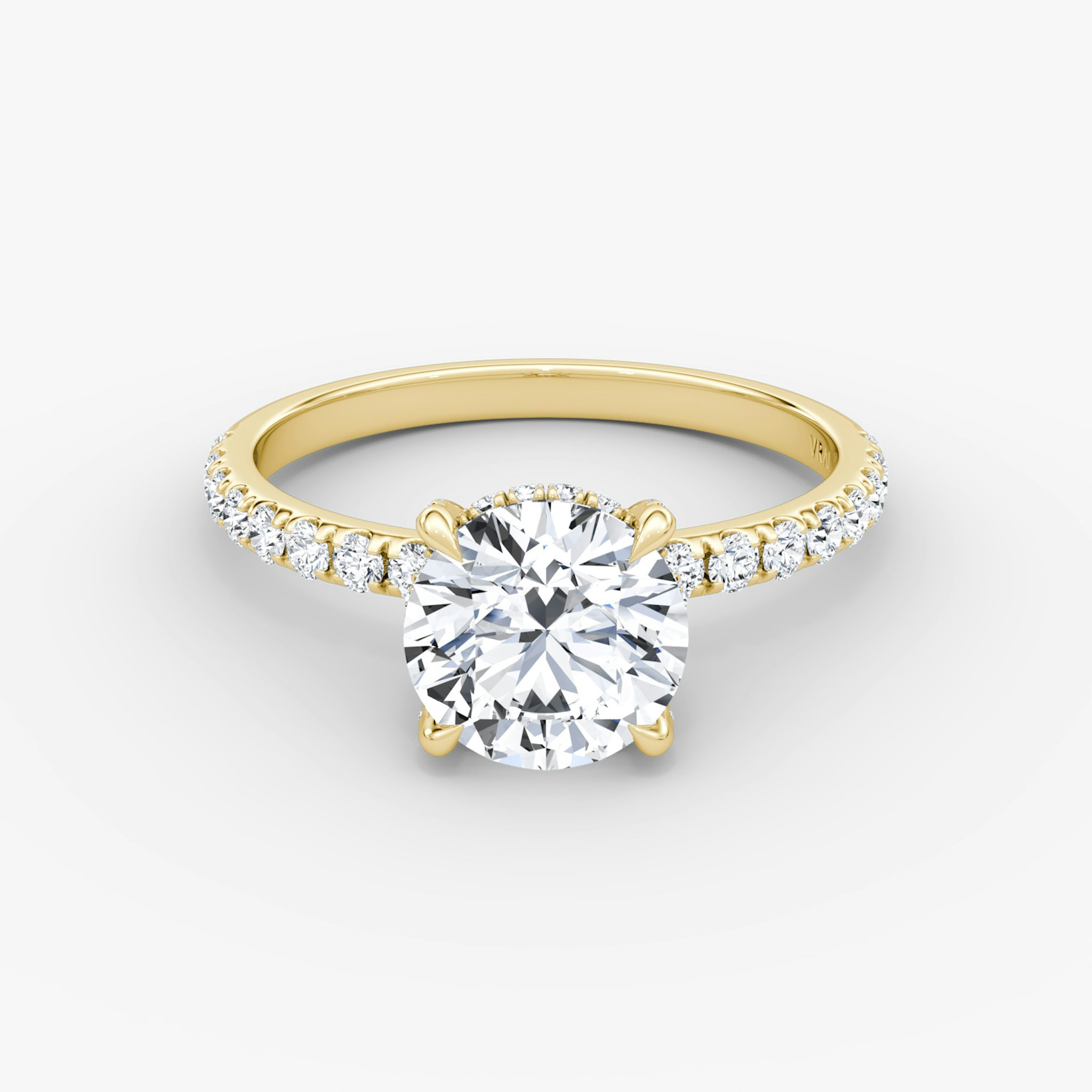 The Classic Hidden Halo | Round Brilliant | 18k | Yellow Gold | bandAccent: Pavé | bandWidth: large | caratWeight: other | prongStyle: Pavé | diamondOrientation: vertical