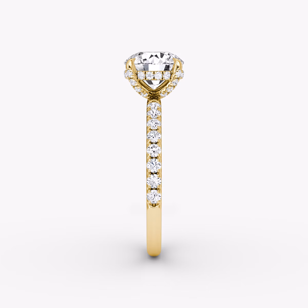 The Classic Hidden Halo | Round Brilliant | 18k | Yellow Gold | bandAccent: Pavé | bandWidth: large | caratWeight: other | prongStyle: Pavé | diamondOrientation: vertical