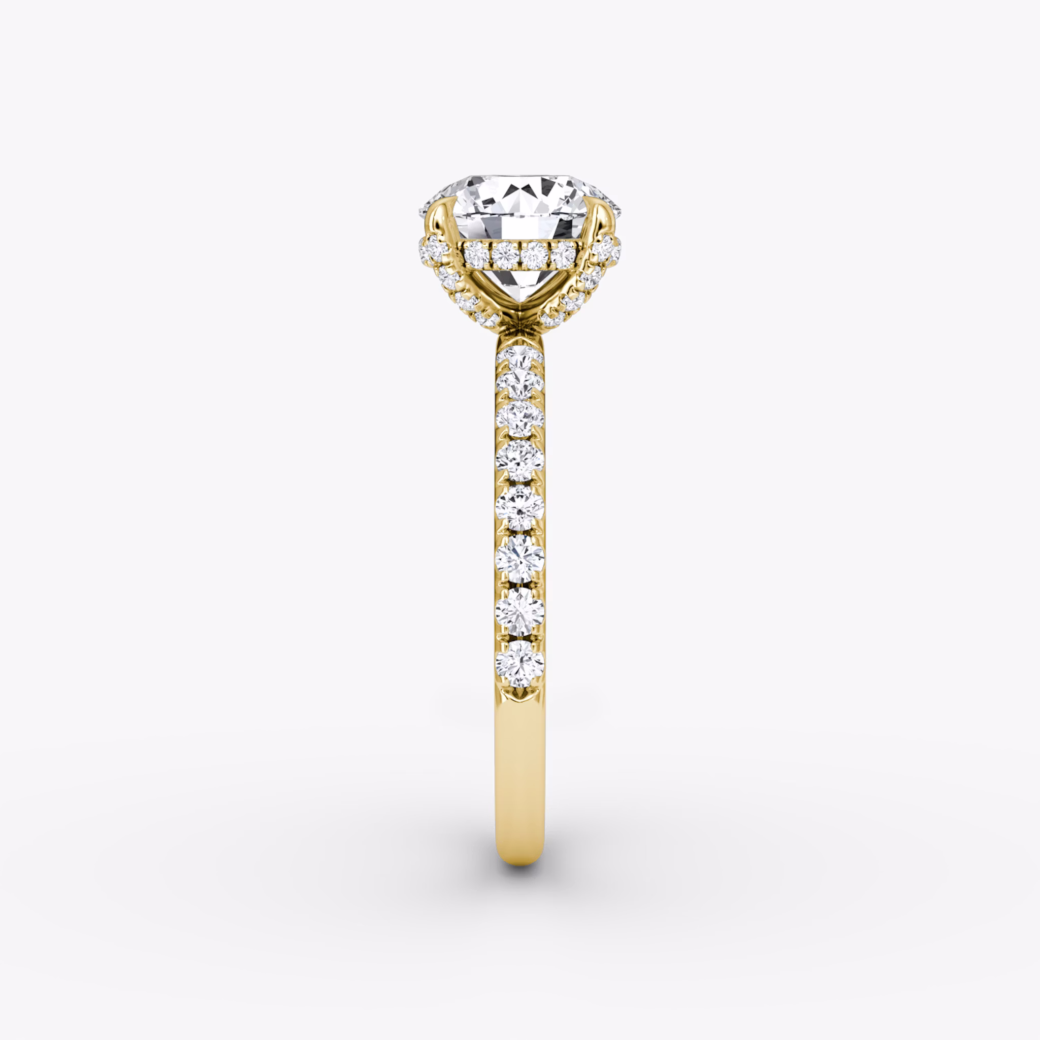 The Classic Hidden Halo | Round Brilliant | 18k | Yellow Gold | bandAccent: Pavé | bandWidth: large | caratWeight: other | prongStyle: Pavé | diamondOrientation: vertical