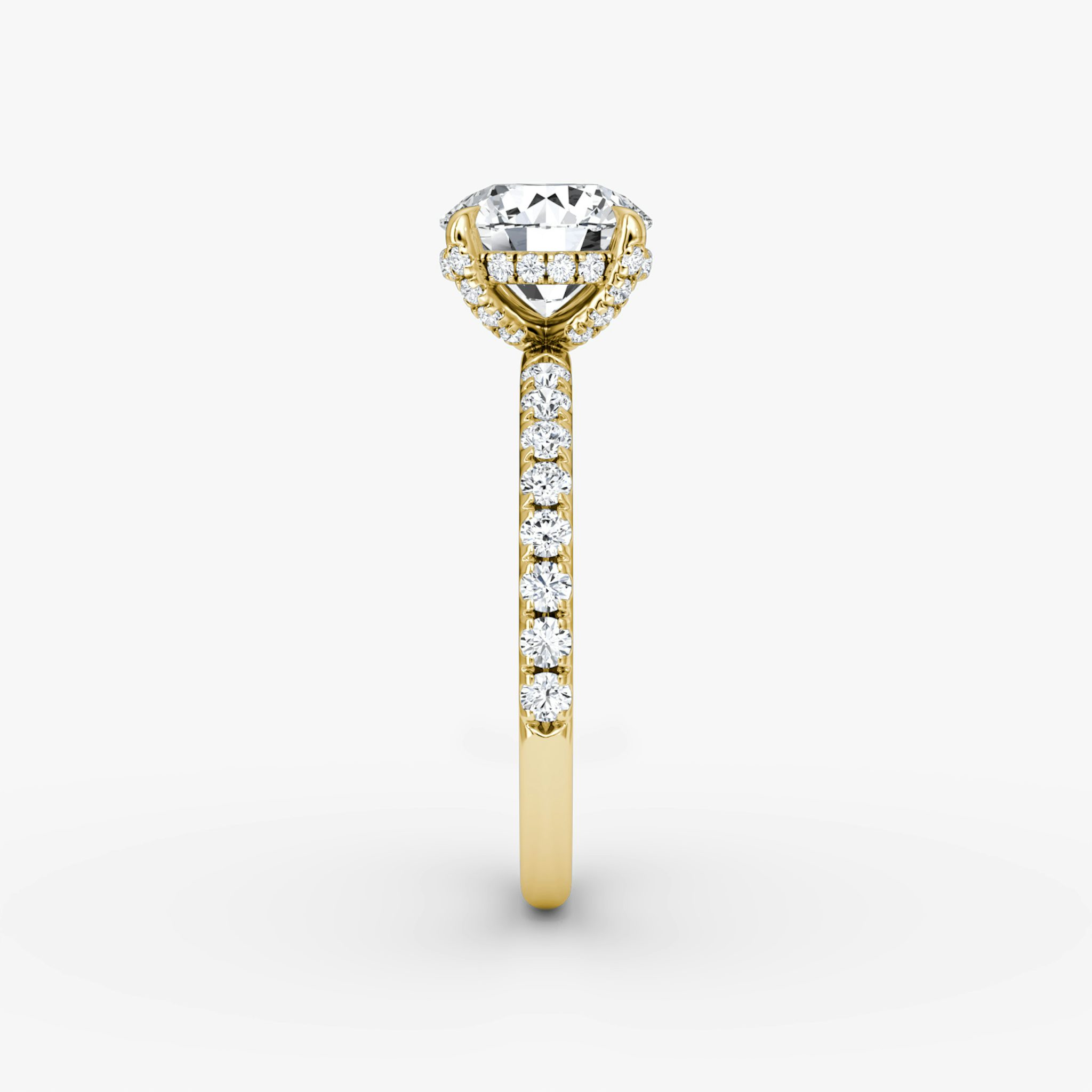 The Classic Hidden Halo | Round Brilliant | 18k | Yellow Gold | bandAccent: Pavé | bandWidth: large | caratWeight: other | prongStyle: Pavé | diamondOrientation: vertical