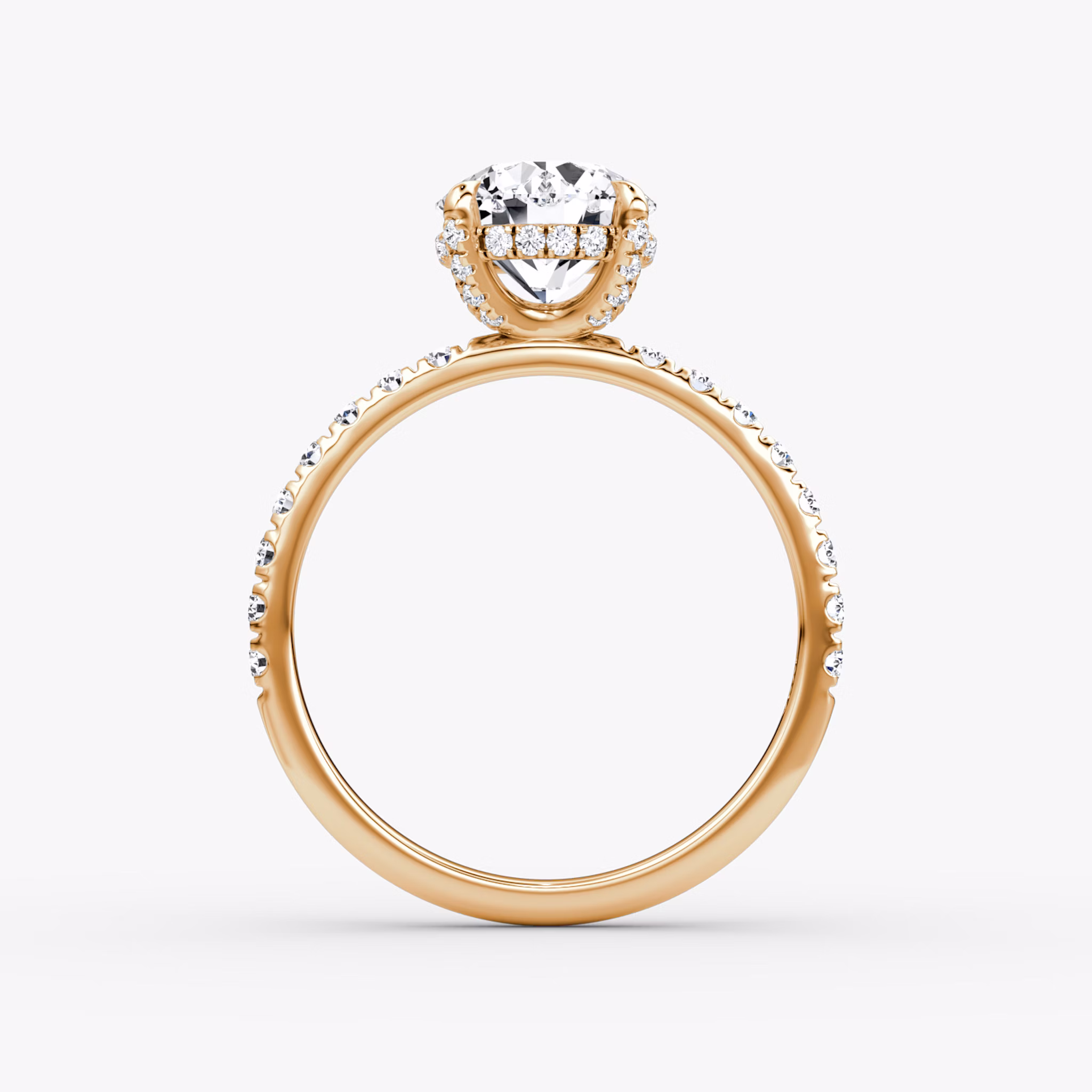 The Classic Hidden Halo | Round Brilliant | 14k | Rose Gold | bandAccent: Pavé | bandWidth: large | caratWeight: other | prongStyle: Pavé | diamondOrientation: vertical