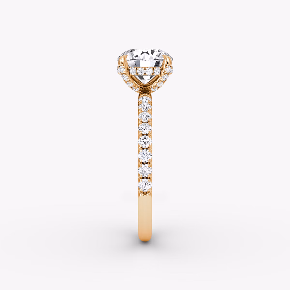 The Classic Hidden Halo | Round Brilliant | 14k | Rose Gold | bandAccent: Pavé | bandWidth: large | caratWeight: 1.5ct | prongStyle: Pavé | diamondOrientation: vertical