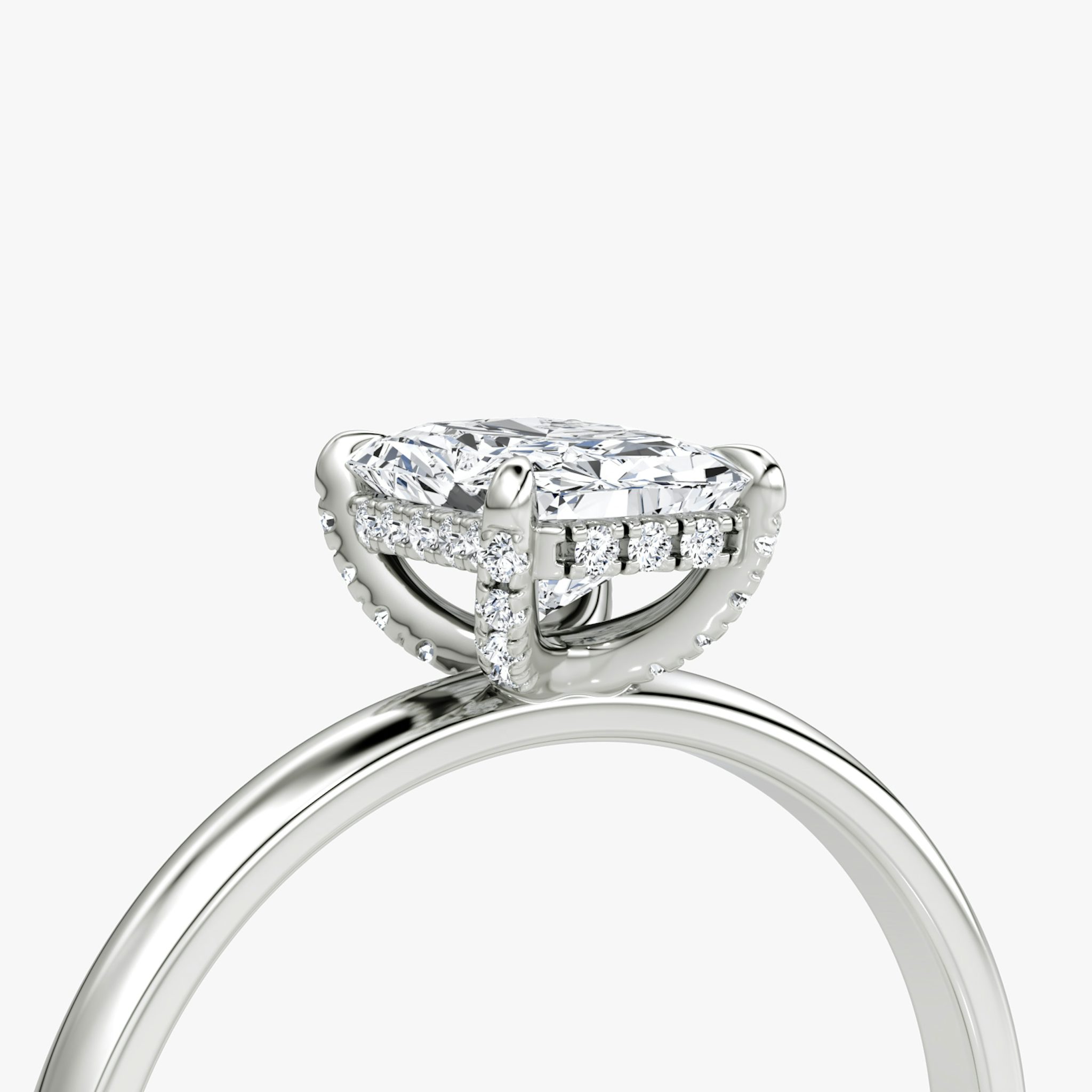 The Classic Hidden Halo | Radiant | 18k | White Gold | bandAccent: Plain | bandWidth: large | prongStyle: Pavé | diamondOrientation: vertical | caratWeight: other