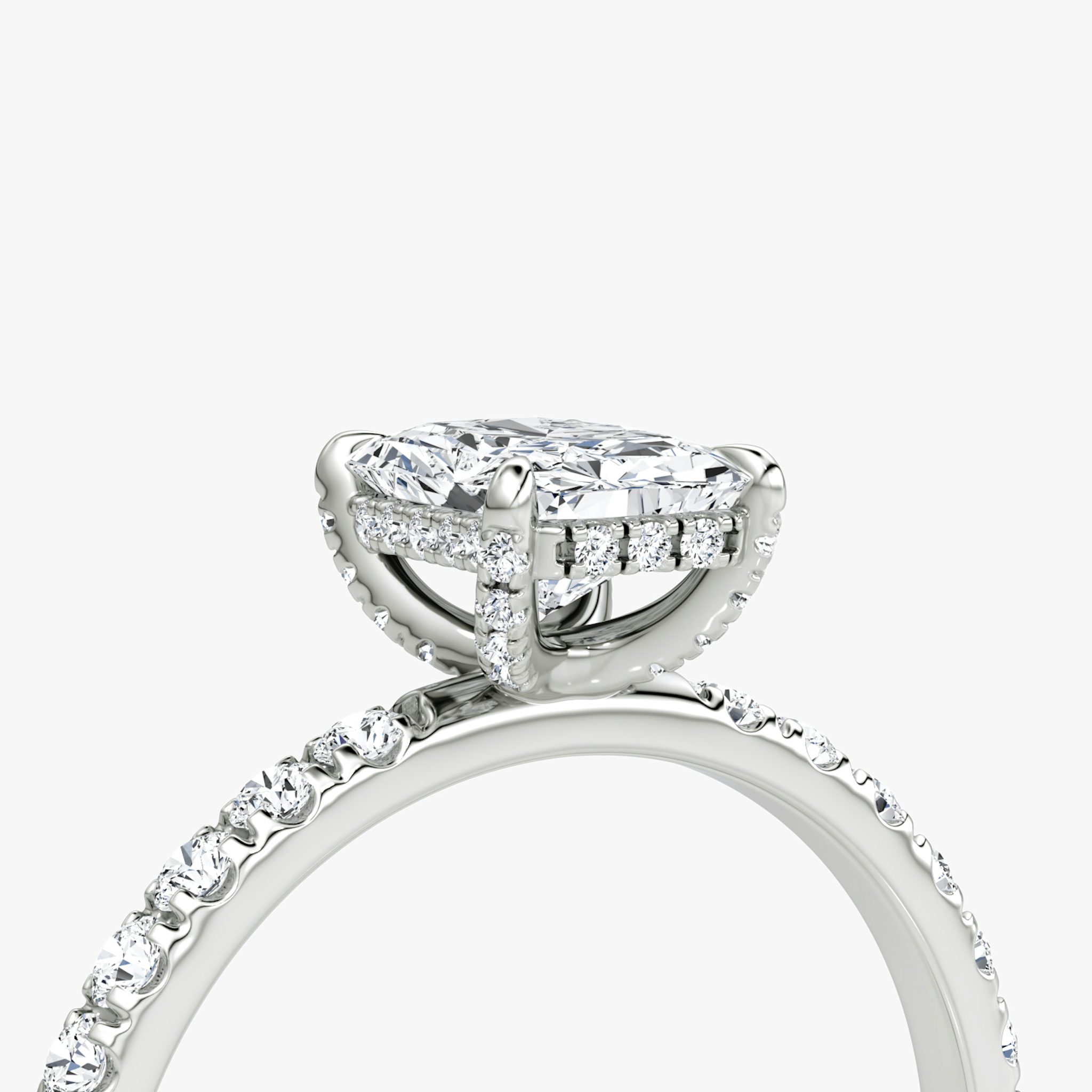 The Classic Hidden Halo | Radiant | 18k | White Gold | bandAccent: Pavé | bandWidth: large | prongStyle: Pavé | diamondOrientation: vertical | caratWeight: other