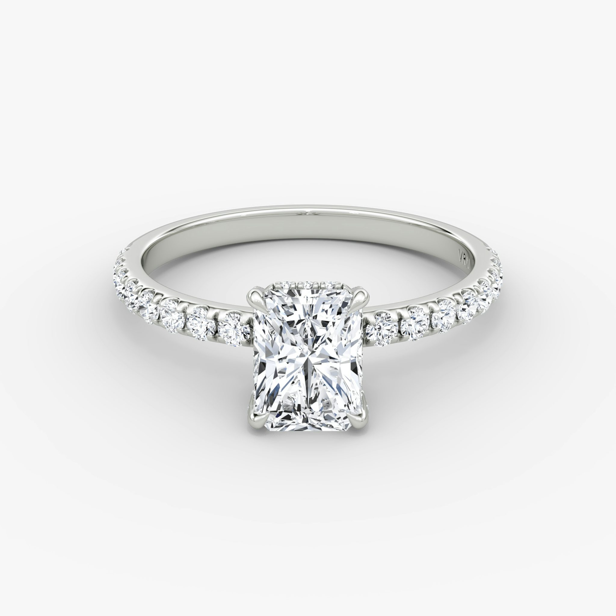 The Classic Hidden Halo | Radiant | 18k | White Gold | bandAccent: Pavé | bandWidth: large | prongStyle: Pavé | diamondOrientation: vertical | caratWeight: other