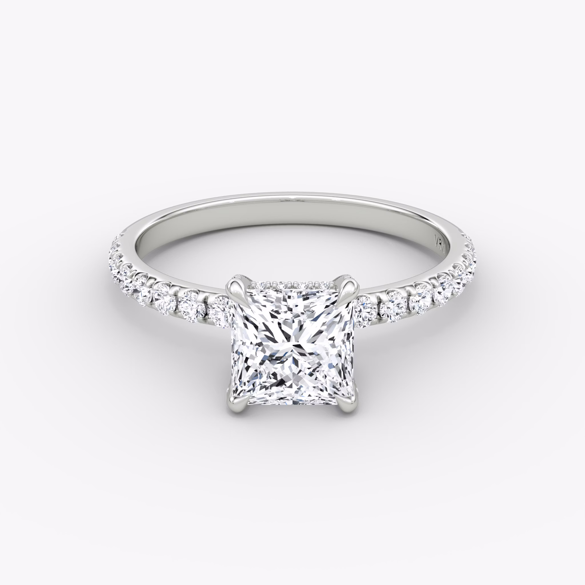 The Classic Hidden Halo | Princess | 18k | White Gold | bandAccent: Pavé | bandWidth: large | prongStyle: Pavé | diamondOrientation: vertical | caratWeight: other