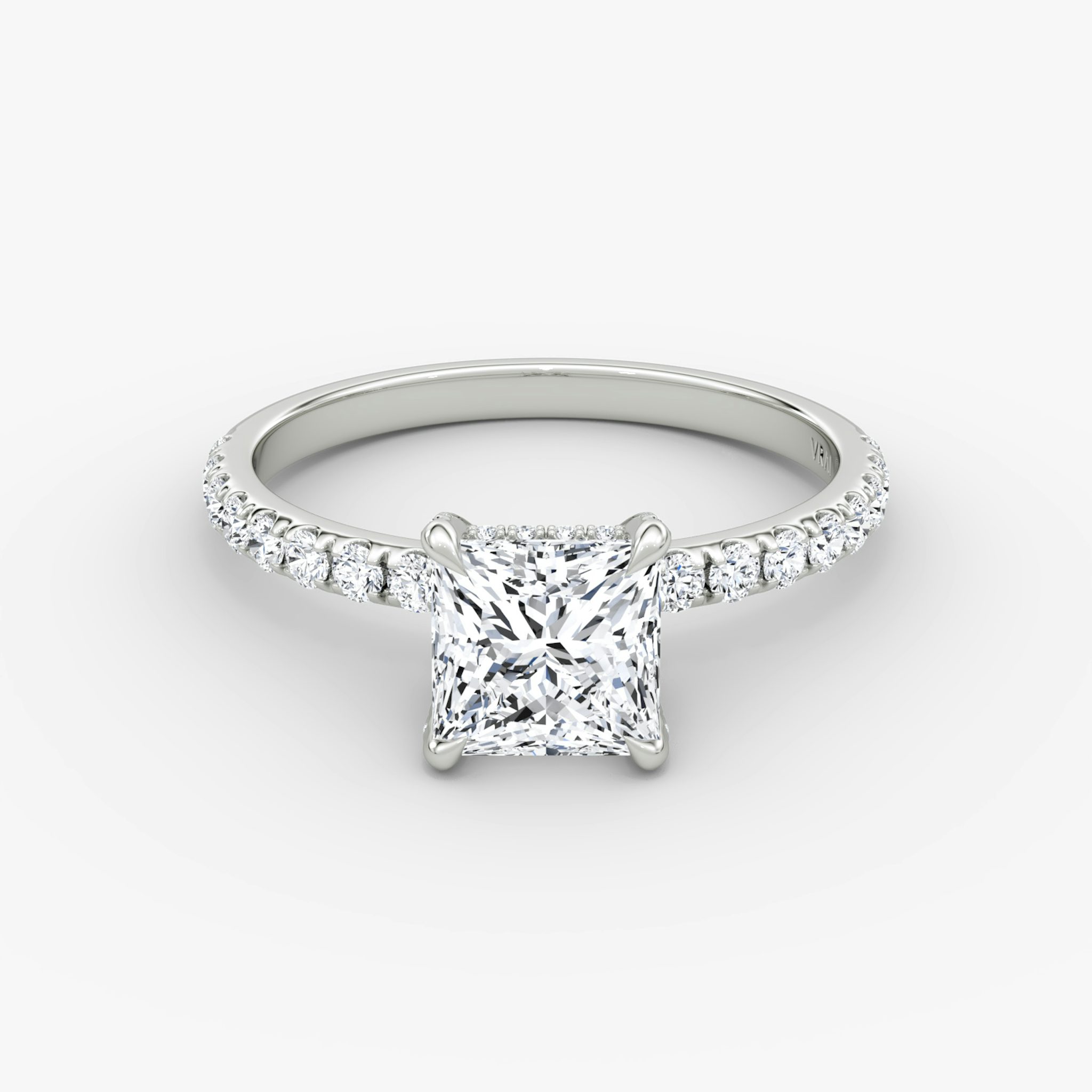 The Classic Hidden Halo | Princess | 18k | White Gold | bandAccent: Pavé | bandWidth: large | prongStyle: Pavé | diamondOrientation: vertical | caratWeight: other