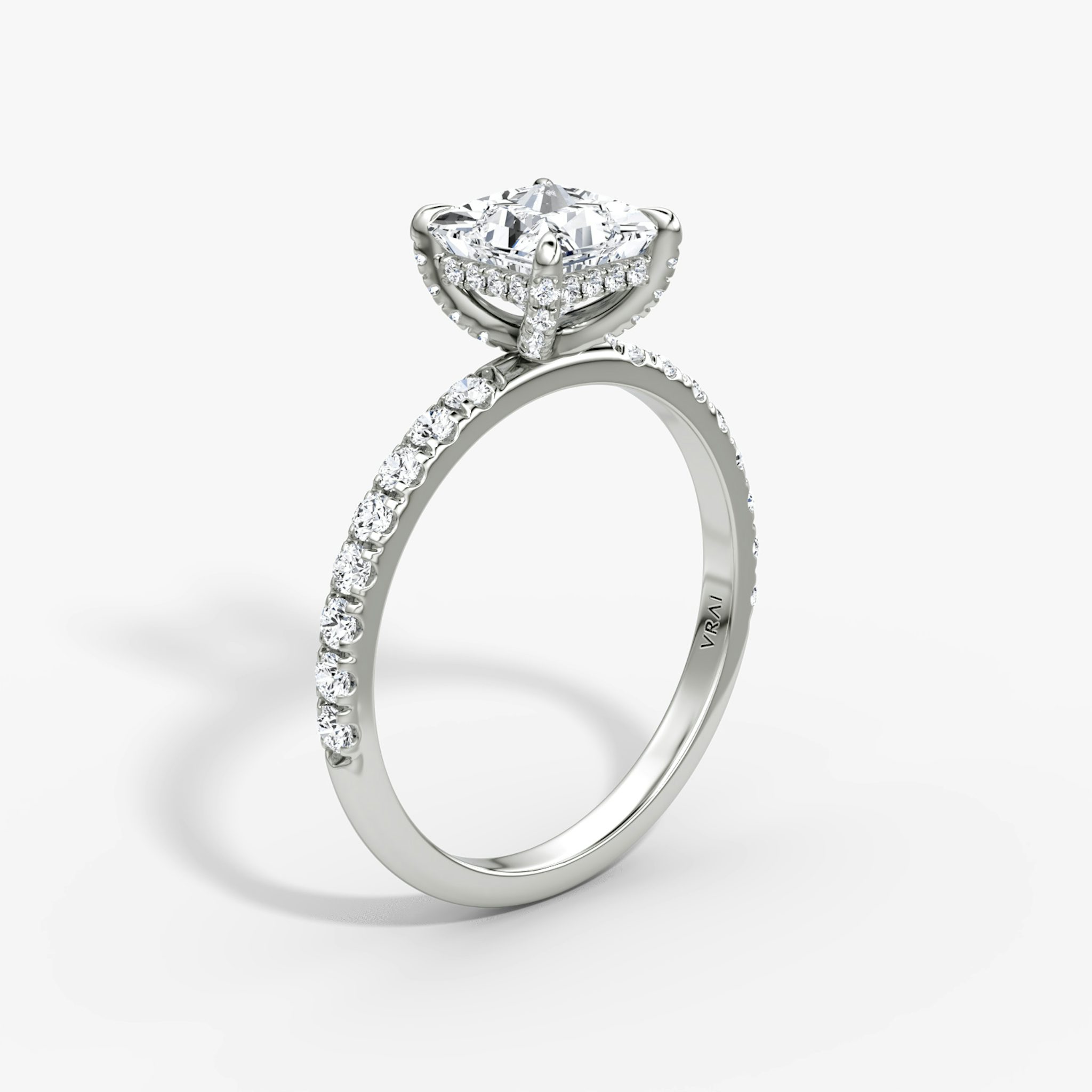 The Classic Hidden Halo | Princess | 18k | White Gold | bandAccent: Pavé | bandWidth: large | prongStyle: Pavé | diamondOrientation: vertical | caratWeight: other