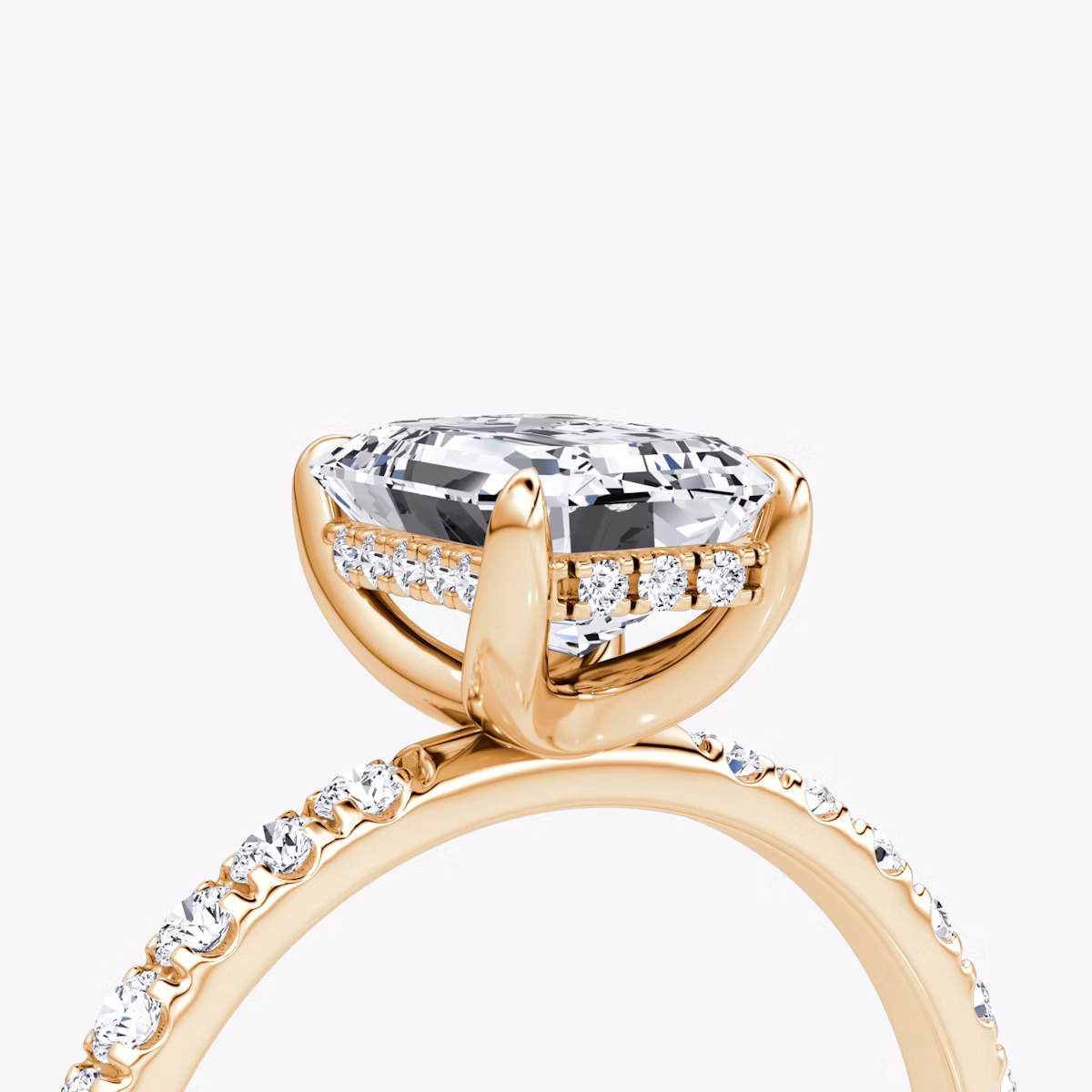 The Classic Hidden Halo | Emerald | 14k | Rose Gold | bandAccent: Pavé | bandWidth: large | prongStyle: Plain | diamondOrientation: vertical | caratWeight: other