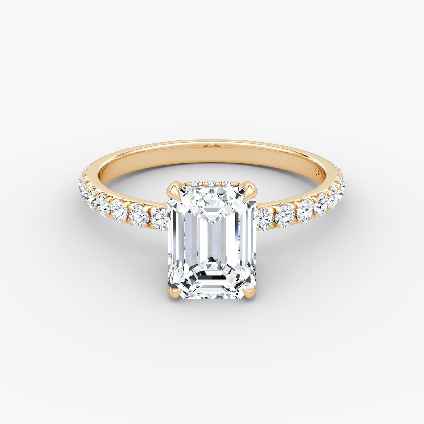 The Classic Hidden Halo | Emerald | 14k | Rose Gold | bandAccent: Pavé | bandWidth: large | prongStyle: Plain | diamondOrientation: vertical | caratWeight: other