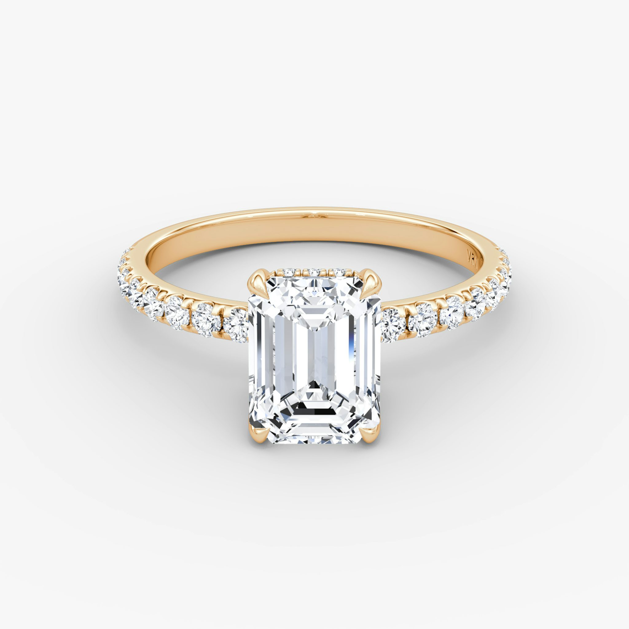 The Classic Hidden Halo | Emerald | 14k | Rose Gold | bandAccent: Pavé | bandWidth: large | prongStyle: Plain | diamondOrientation: vertical | caratWeight: other