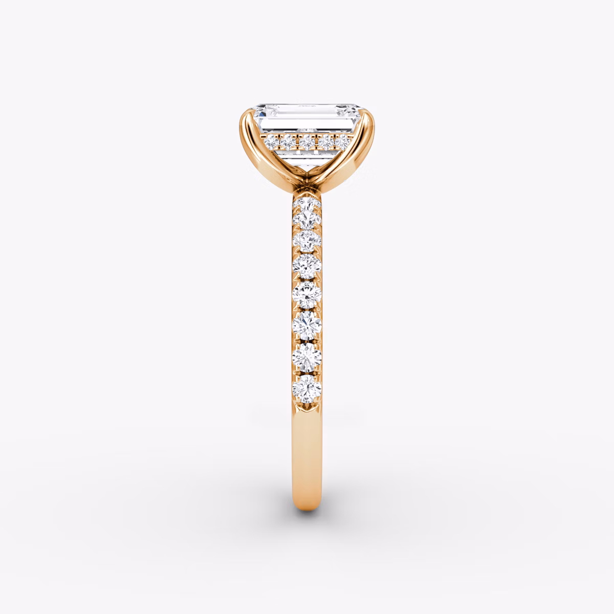 The Classic Hidden Halo | Emerald | 14k | Rose Gold | bandAccent: Pavé | bandWidth: large | prongStyle: Plain | diamondOrientation: vertical | caratWeight: other