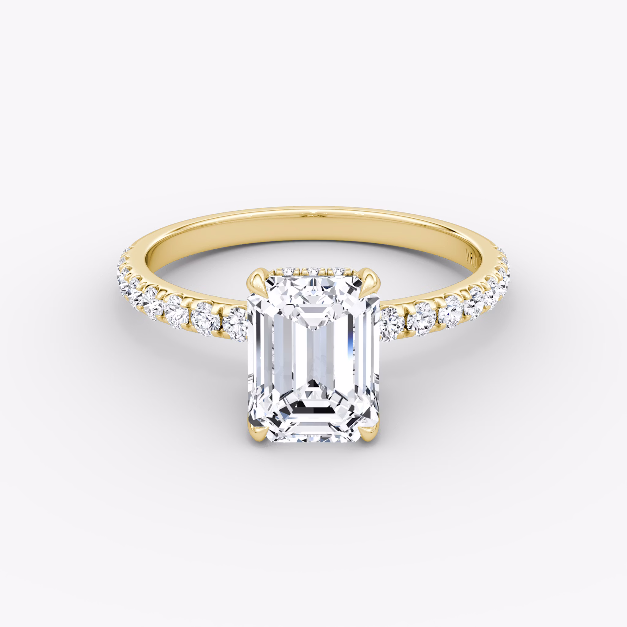 The Classic Hidden Halo | Emerald | 18k | Yellow Gold | bandAccent: Pavé | bandWidth: large | prongStyle: Plain | diamondOrientation: vertical | caratWeight: other