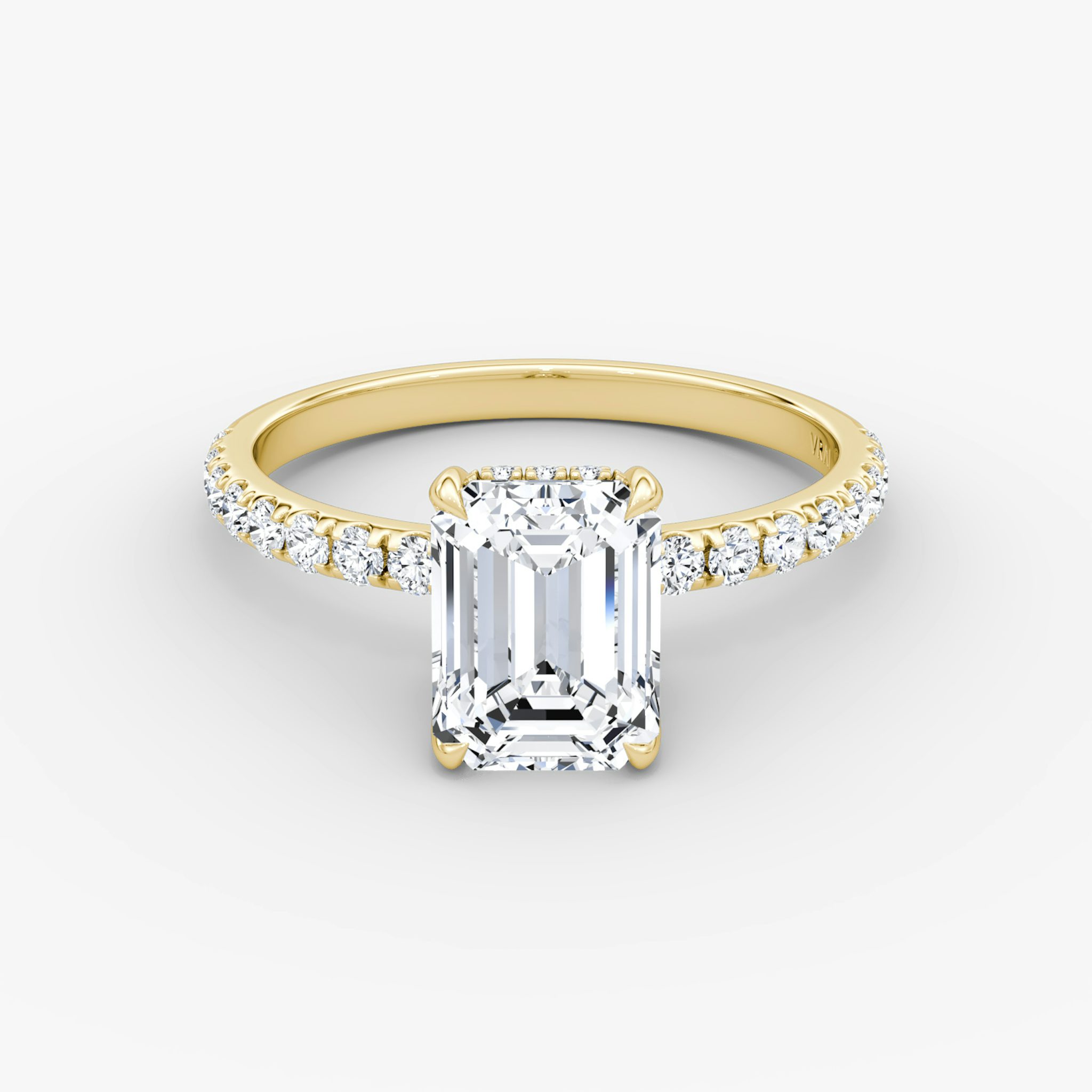 The Classic Hidden Halo | Emerald | 18k | Yellow Gold | bandAccent: Pavé | bandWidth: large | prongStyle: Plain | diamondOrientation: vertical | caratWeight: other