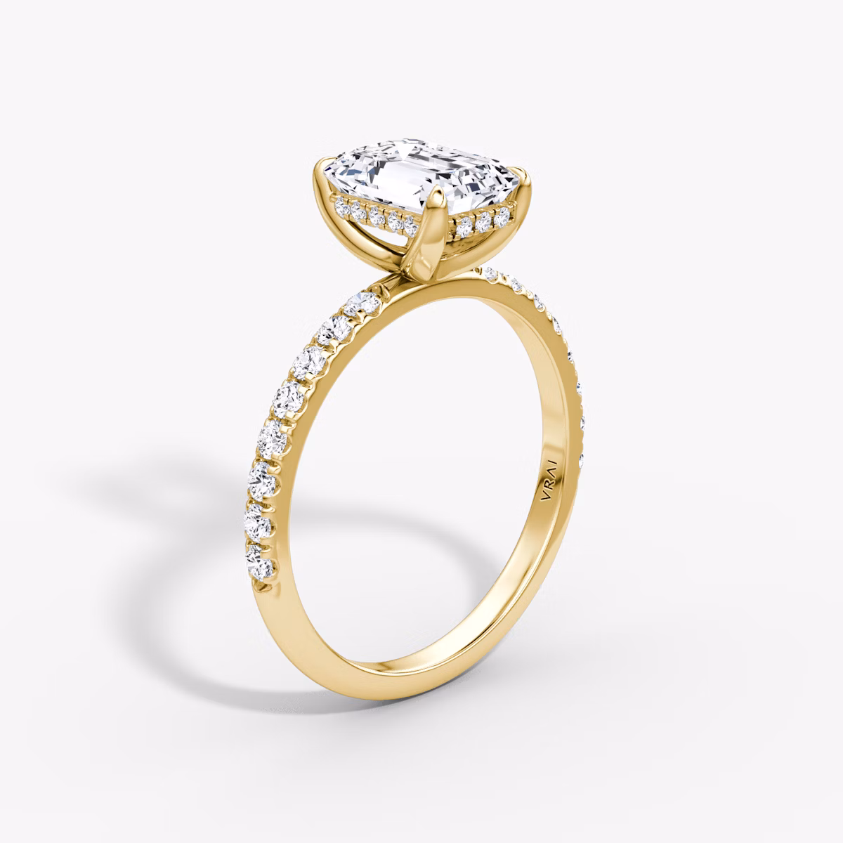 The Classic Hidden Halo | Emerald | 18k | Yellow Gold | bandAccent: Pavé | bandWidth: large | prongStyle: Plain | diamondOrientation: vertical | caratWeight: other