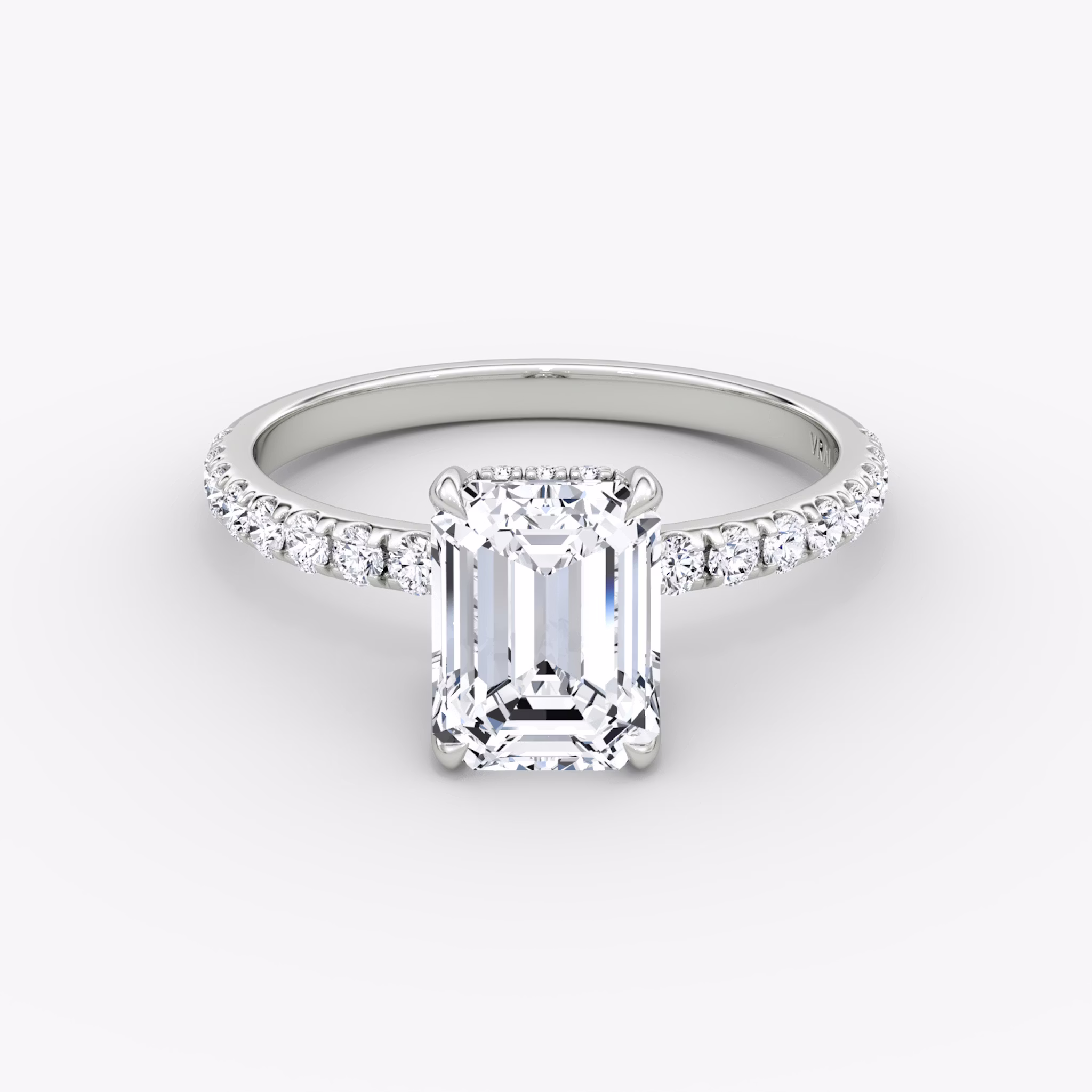 The Classic Hidden Halo | Emerald | 18k | White Gold | bandAccent: Pavé | bandWidth: large | prongStyle: Plain | diamondOrientation: vertical | caratWeight: other