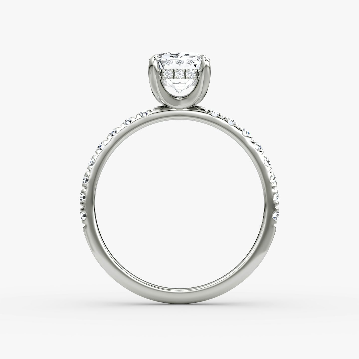 The Classic Hidden Halo | Emerald | Platinum | bandAccent: Pavé | bandWidth: large | prongStyle: Plain | diamondOrientation: vertical | caratWeight: other