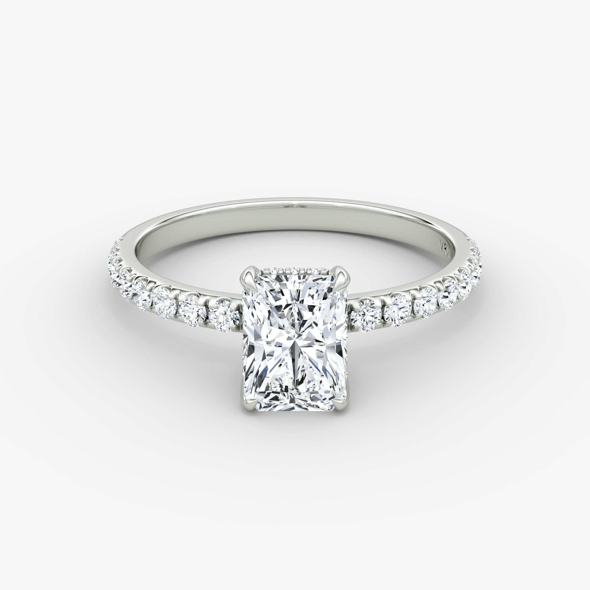 The Classic Hidden Halo | Radiant | 18k | White Gold | bandAccent: Pavé | bandWidth: large | prongStyle: Plain | diamondOrientation: vertical | caratWeight: other