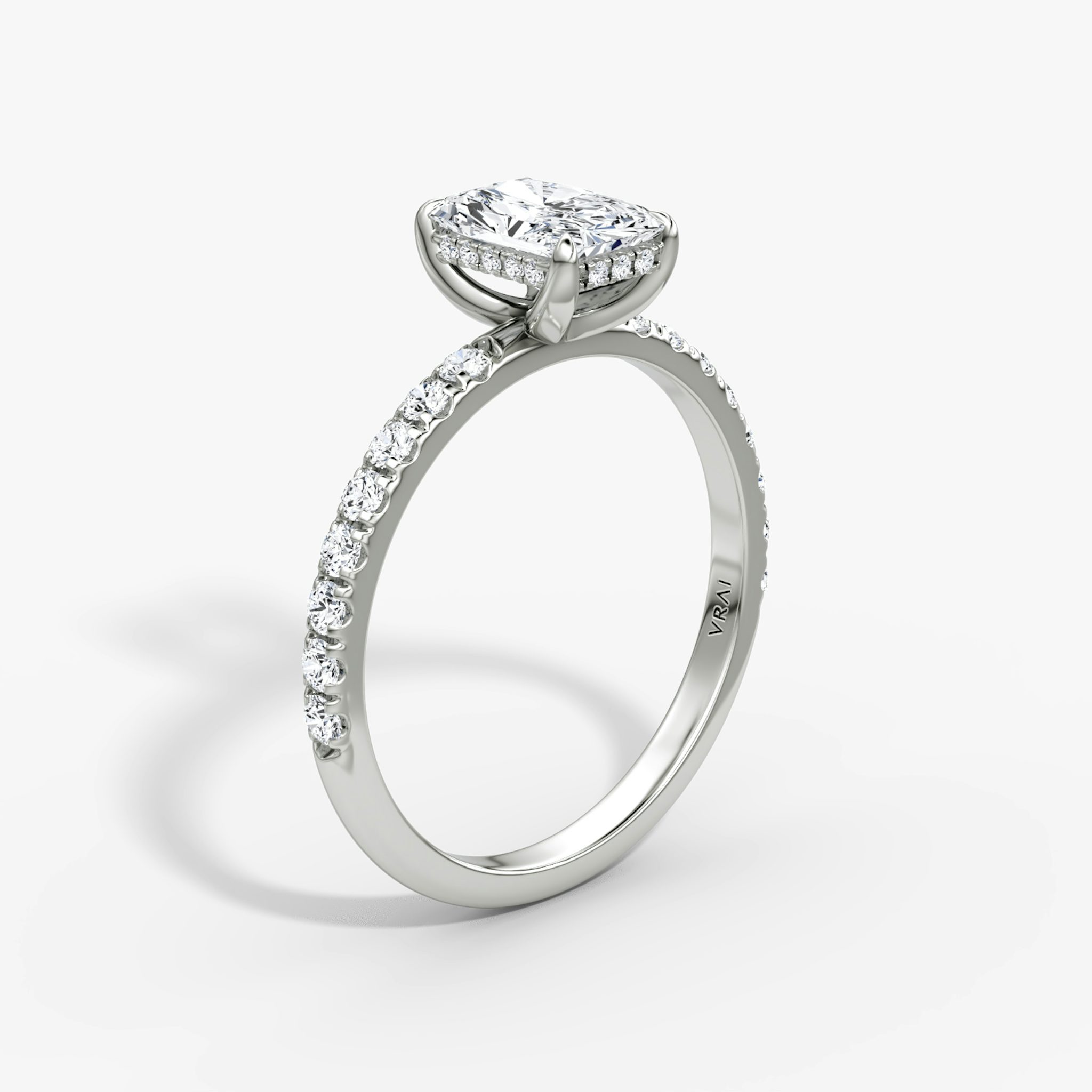 The Classic Hidden Halo | Radiant | 18k | White Gold | bandAccent: Pavé | bandWidth: large | prongStyle: Plain | diamondOrientation: vertical | caratWeight: other