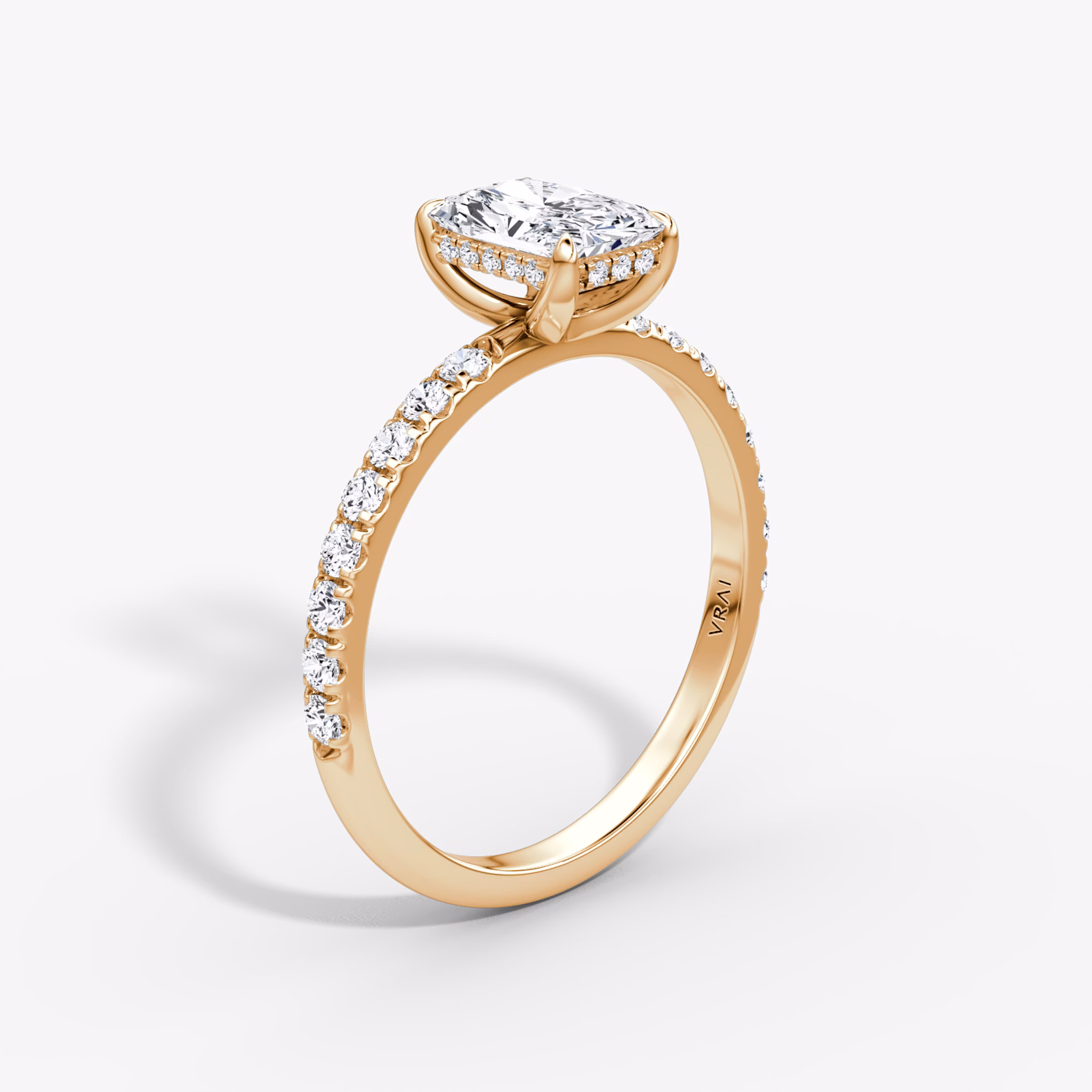 The Classic Hidden Halo | Radiant | 14k | Rose Gold | bandAccent: Pavé | bandWidth: large | prongStyle: Plain | diamondOrientation: vertical | caratWeight: other