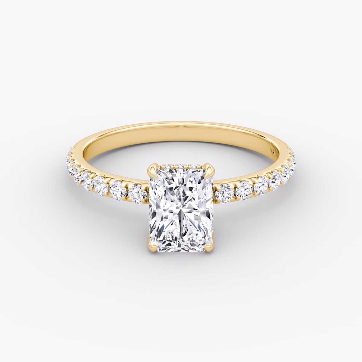 The Classic Hidden Halo | Radiant | 18k | Yellow Gold | bandAccent: Pavé | bandWidth: large | prongStyle: Plain | diamondOrientation: vertical | caratWeight: other