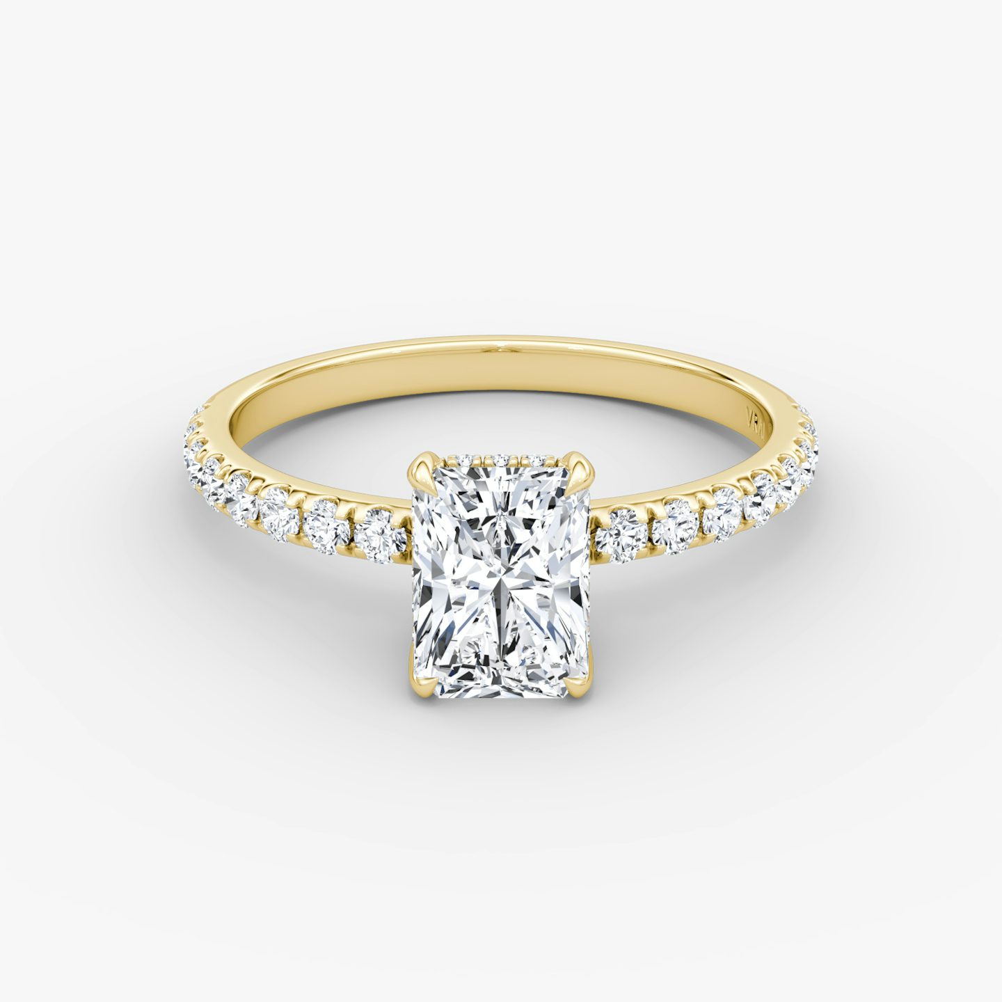 The Classic Hidden Halo | Radiant | 18k | Yellow Gold | bandAccent: Pavé | bandWidth: large | prongStyle: Plain | diamondOrientation: vertical | caratWeight: other