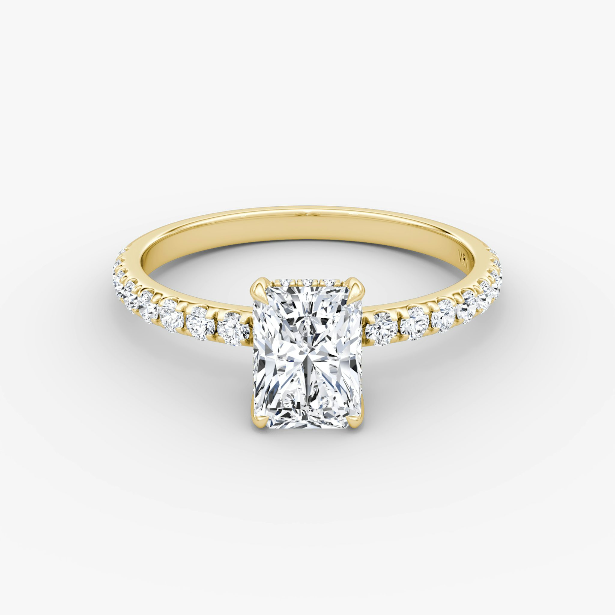 The Classic Hidden Halo | Radiant | 18k | Yellow Gold | bandAccent: Pavé | bandWidth: large | prongStyle: Plain | diamondOrientation: vertical | caratWeight: other