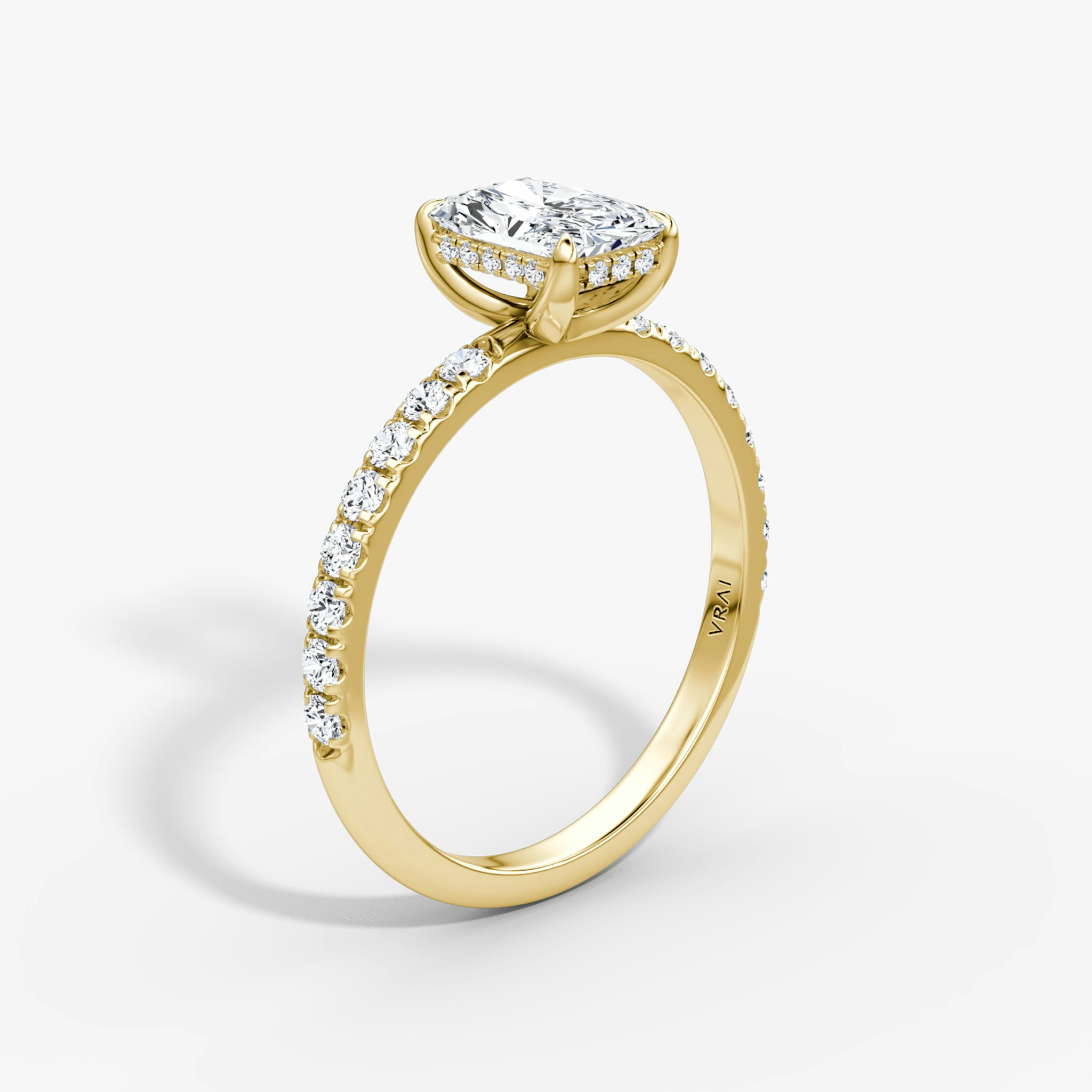 The Classic Hidden Halo | Radiant | 18k | Yellow Gold | bandAccent: Pavé | bandWidth: large | prongStyle: Plain | diamondOrientation: vertical | caratWeight: other