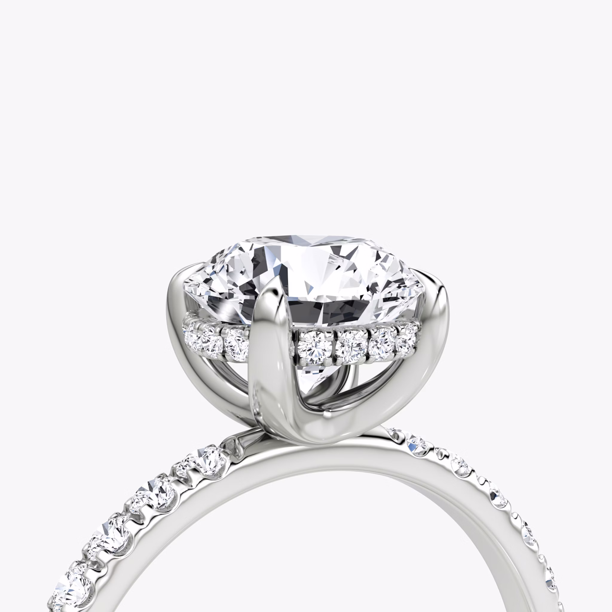 The Classic Hidden Halo | Round Brilliant | Platinum | bandAccent: Pavé | bandWidth: large | caratWeight: 1.0ct | prongStyle: Plain | diamondOrientation: vertical