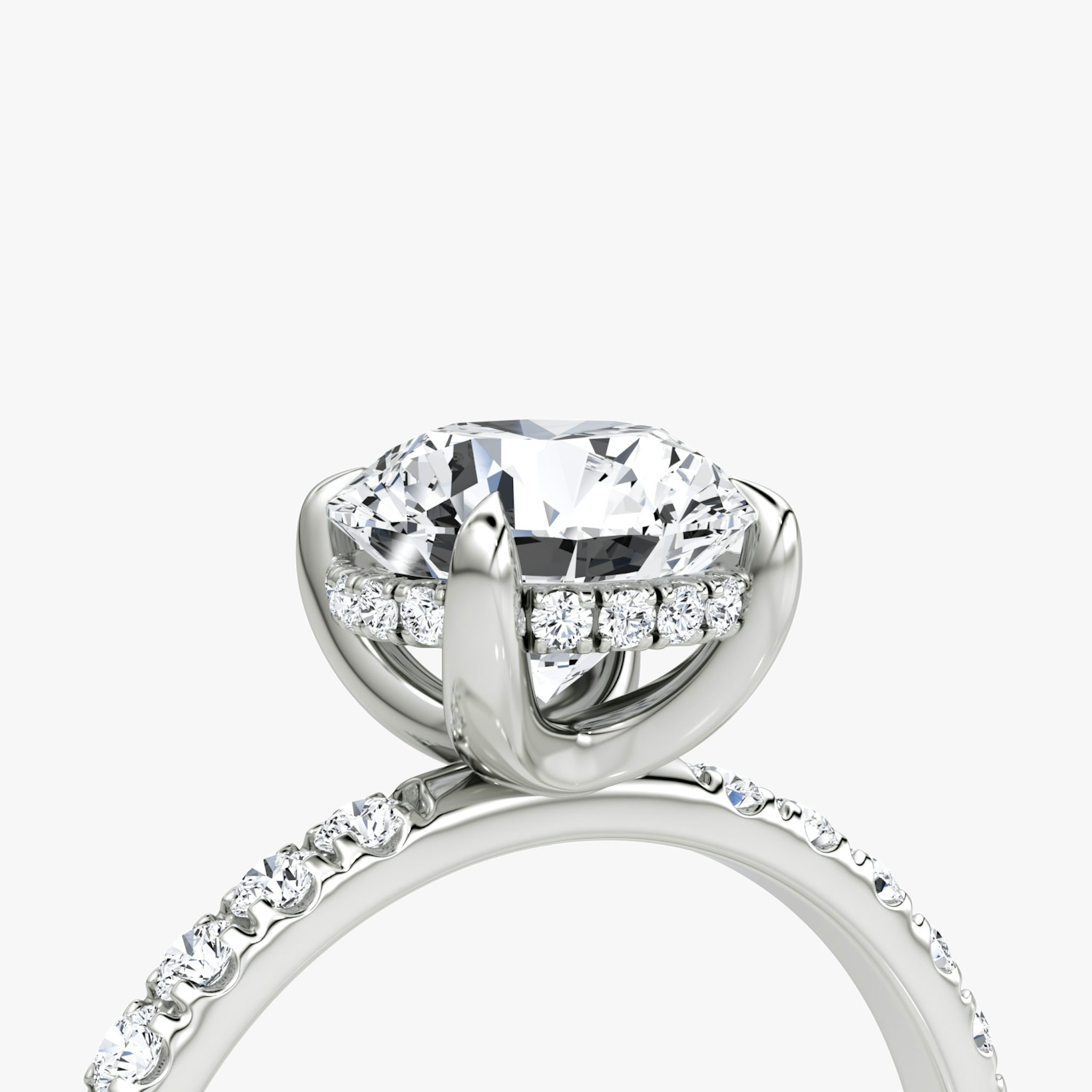 The Classic Hidden Halo | Round Brilliant | Platinum | bandAccent: Pavé | bandWidth: large | caratWeight: 1.0ct | prongStyle: Plain | diamondOrientation: vertical