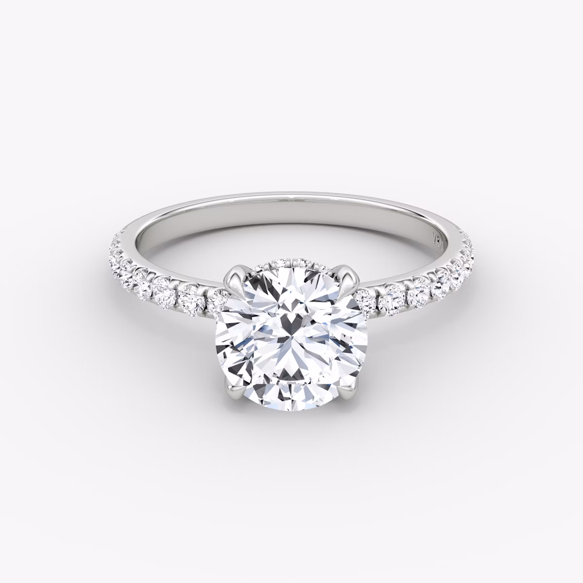 The Classic Hidden Halo | Round Brilliant | 18k | White Gold | bandAccent: Pavé | bandWidth: large | caratWeight: 2.0ct | prongStyle: Plain | diamondOrientation: vertical