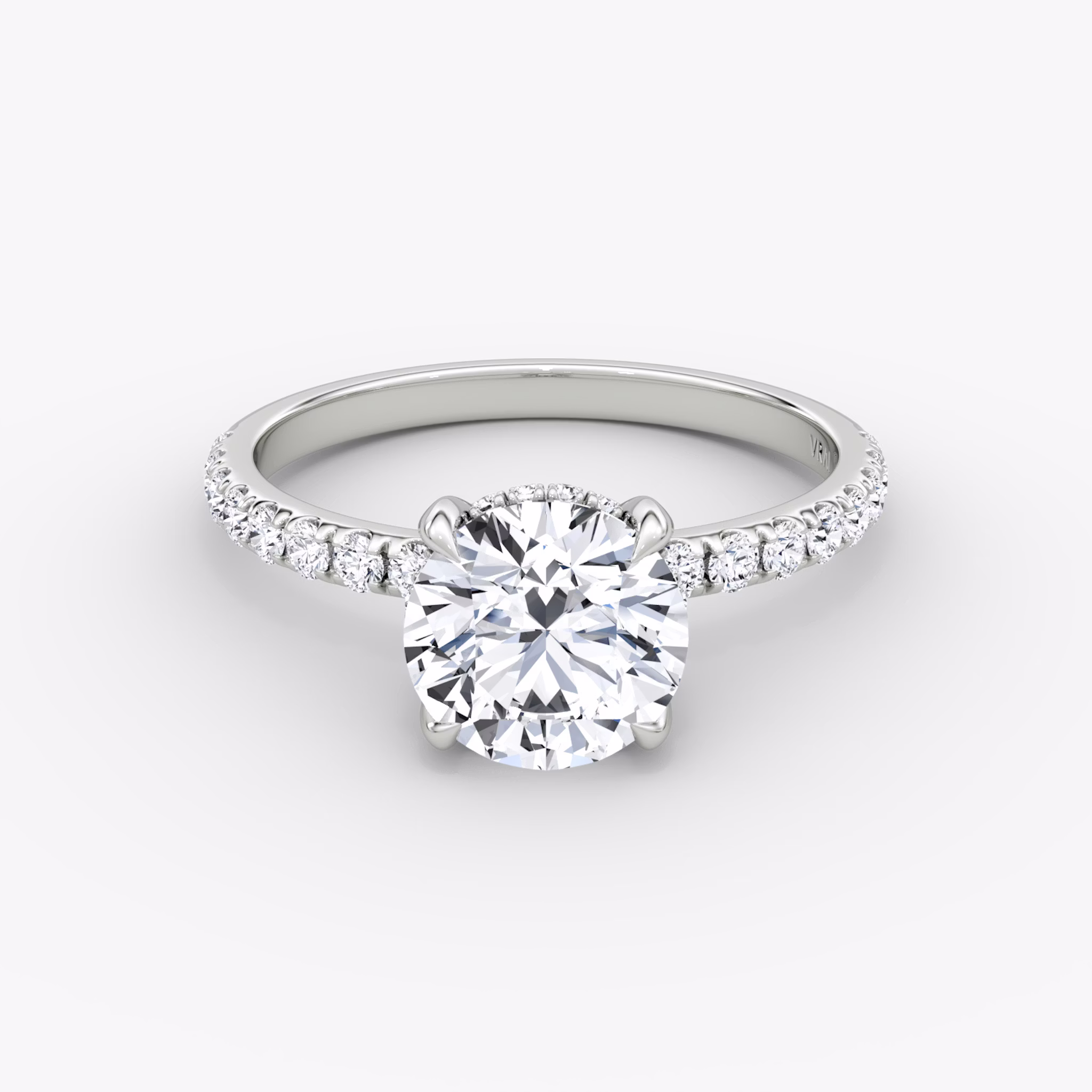 The Classic Hidden Halo | Round Brilliant | Platinum | bandAccent: Pavé | bandWidth: large | caratWeight: 1.0ct | prongStyle: Plain | diamondOrientation: vertical
