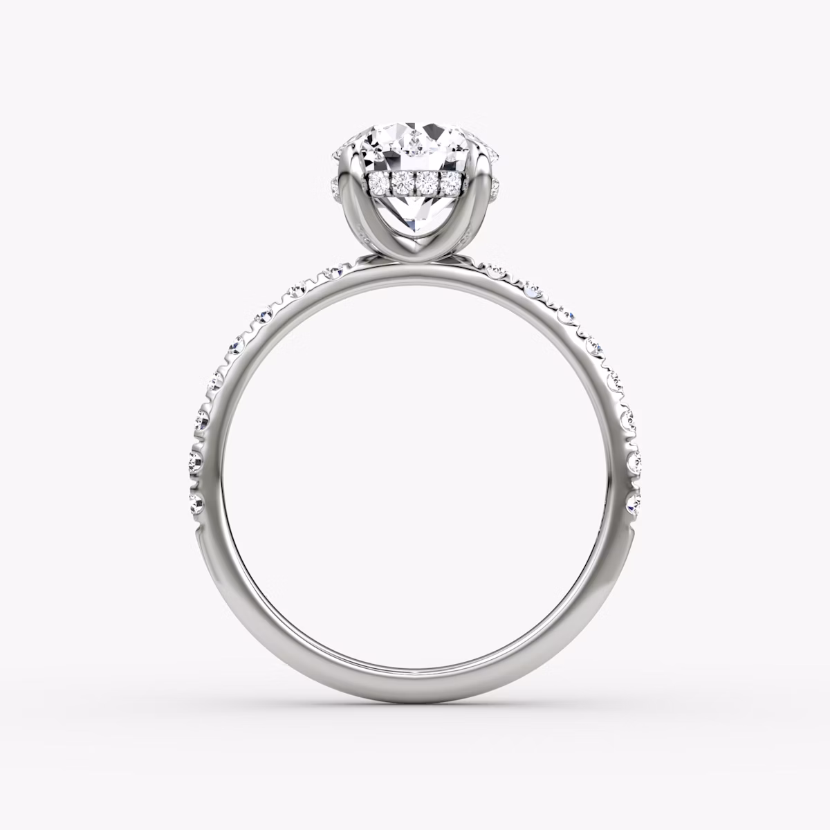 The Classic Hidden Halo | Round Brilliant | 18k | White Gold | bandAccent: Pavé | bandWidth: large | caratWeight: 2.0ct | prongStyle: Plain | diamondOrientation: vertical