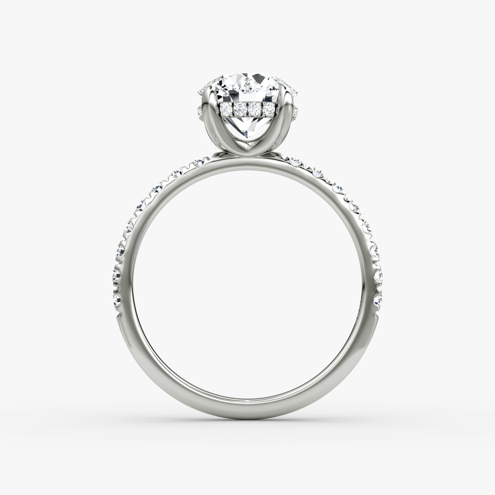The Classic Hidden Halo | Round Brilliant | Platinum | bandAccent: Pavé | bandWidth: large | caratWeight: 1.0ct | prongStyle: Plain | diamondOrientation: vertical