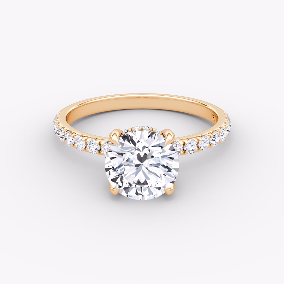 The Classic Hidden Halo | Round Brilliant | 14k | Rose Gold | bandAccent: Pavé | bandWidth: large | caratWeight: 2.0ct | prongStyle: Plain | diamondOrientation: vertical