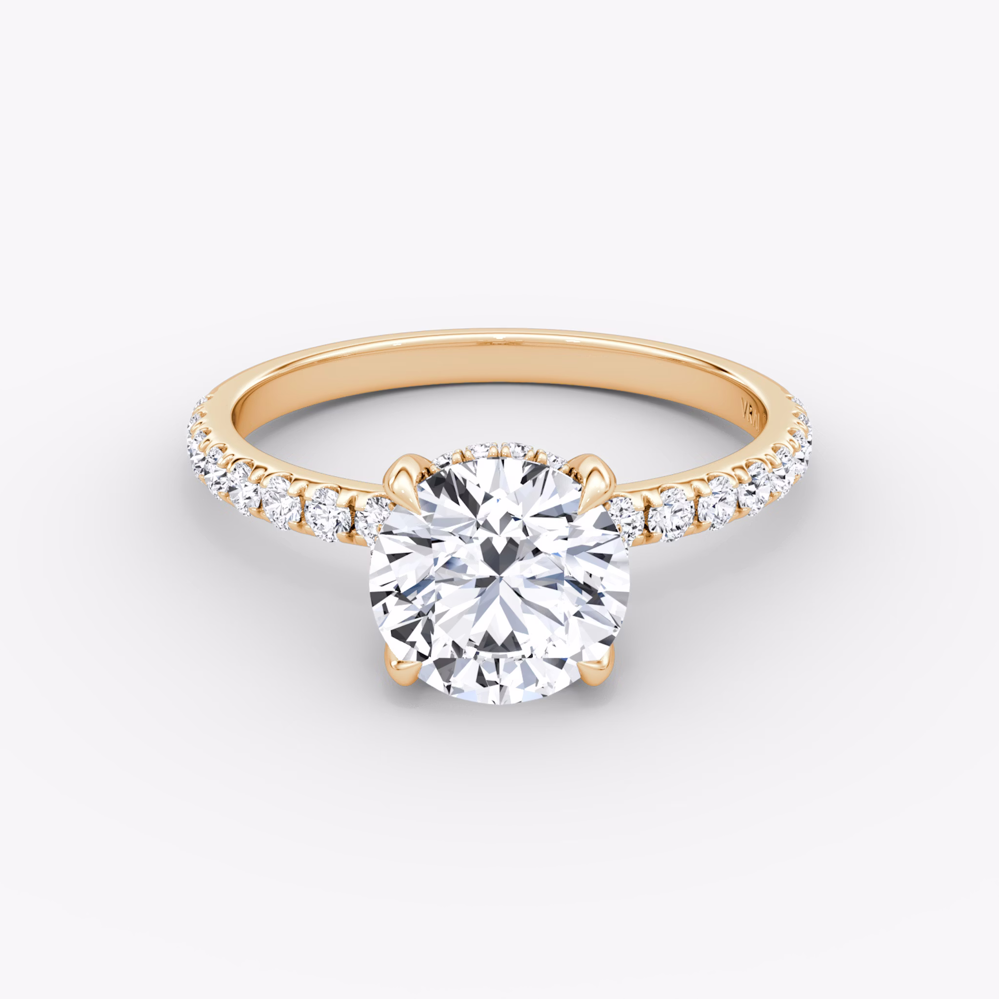 The Classic Hidden Halo | Round Brilliant | 14k | Rose Gold | bandAccent: Pavé | bandWidth: large | caratWeight: other | prongStyle: Plain | diamondOrientation: vertical