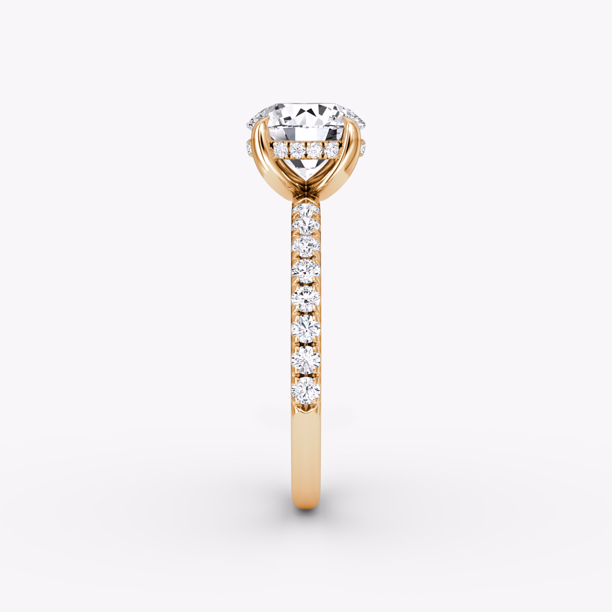 The Classic Hidden Halo | Round Brilliant | 14k | Rose Gold | bandAccent: Pavé | bandWidth: large | caratWeight: other | prongStyle: Plain | diamondOrientation: vertical